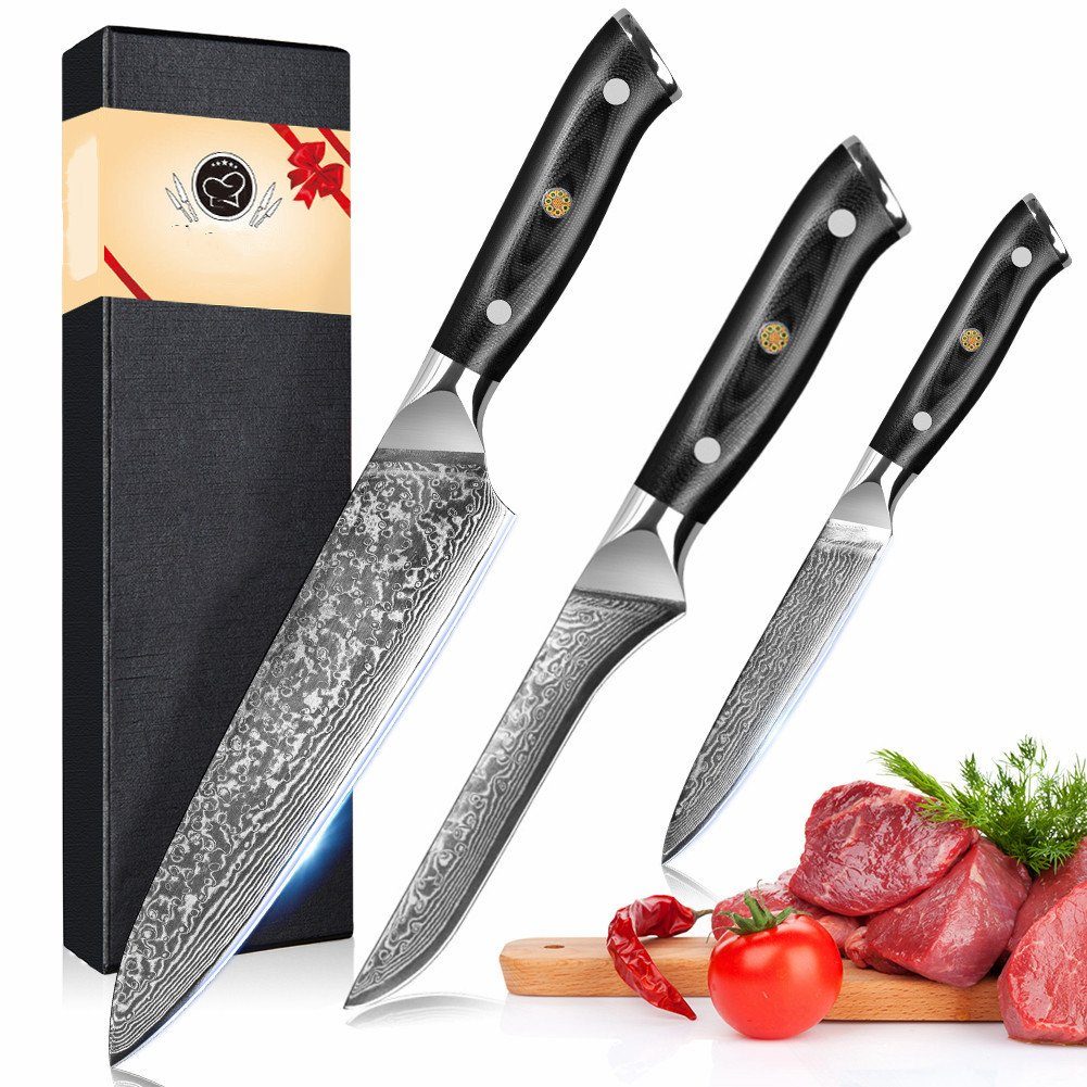 KEENZO Messer-Set (3-tlg) 3tlg. Küchenmesser Damaststahl +Allzweckmesser+Filetiermesser