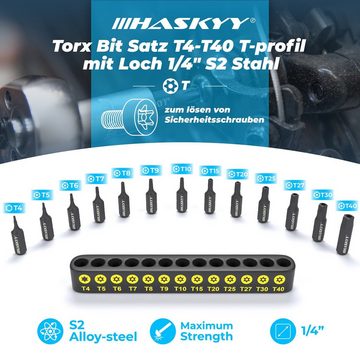 HASKYY Bohrer- und Bitset Torx Bit Schraubendreher Set T4-T40 Steckschlüssel 1/4" T-profil mit L