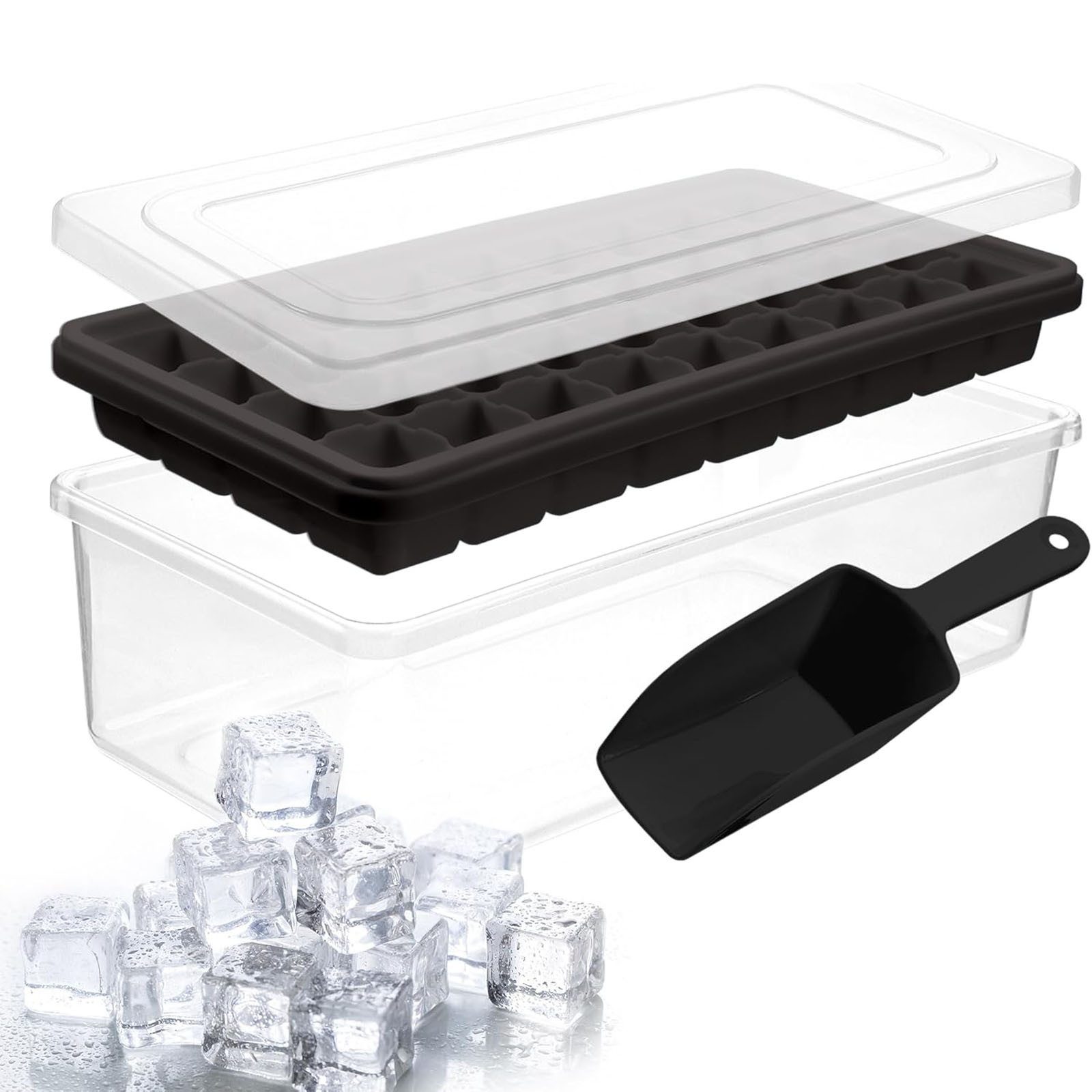 HAC24 Eiswürfelform Silikon Eiswürfelform Eiswürfelbehälter Eiswürfelbereiter, mit Deckel Behälter Schaufel für 36 Eiswürfel