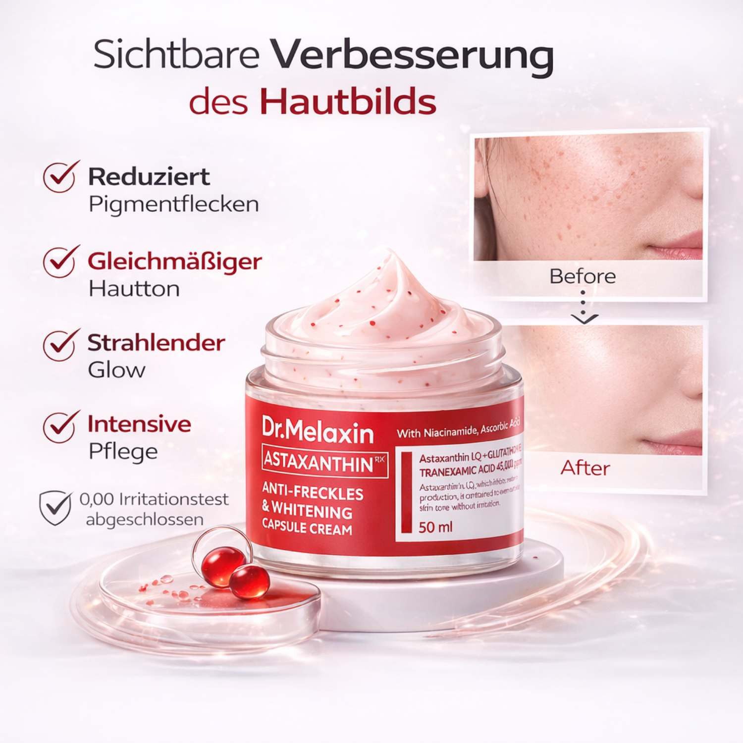 Dr.Melaxin Tagescreme TX-Astaxanthin Anti-Dark Spot Brightening Capsule Cream 50g – Whitening Capsule Cream mit Astaxanthin, Niacinamide & Tranexamic, Acid – Anti-Freckles Pflege für ebenmäßigen Hautton