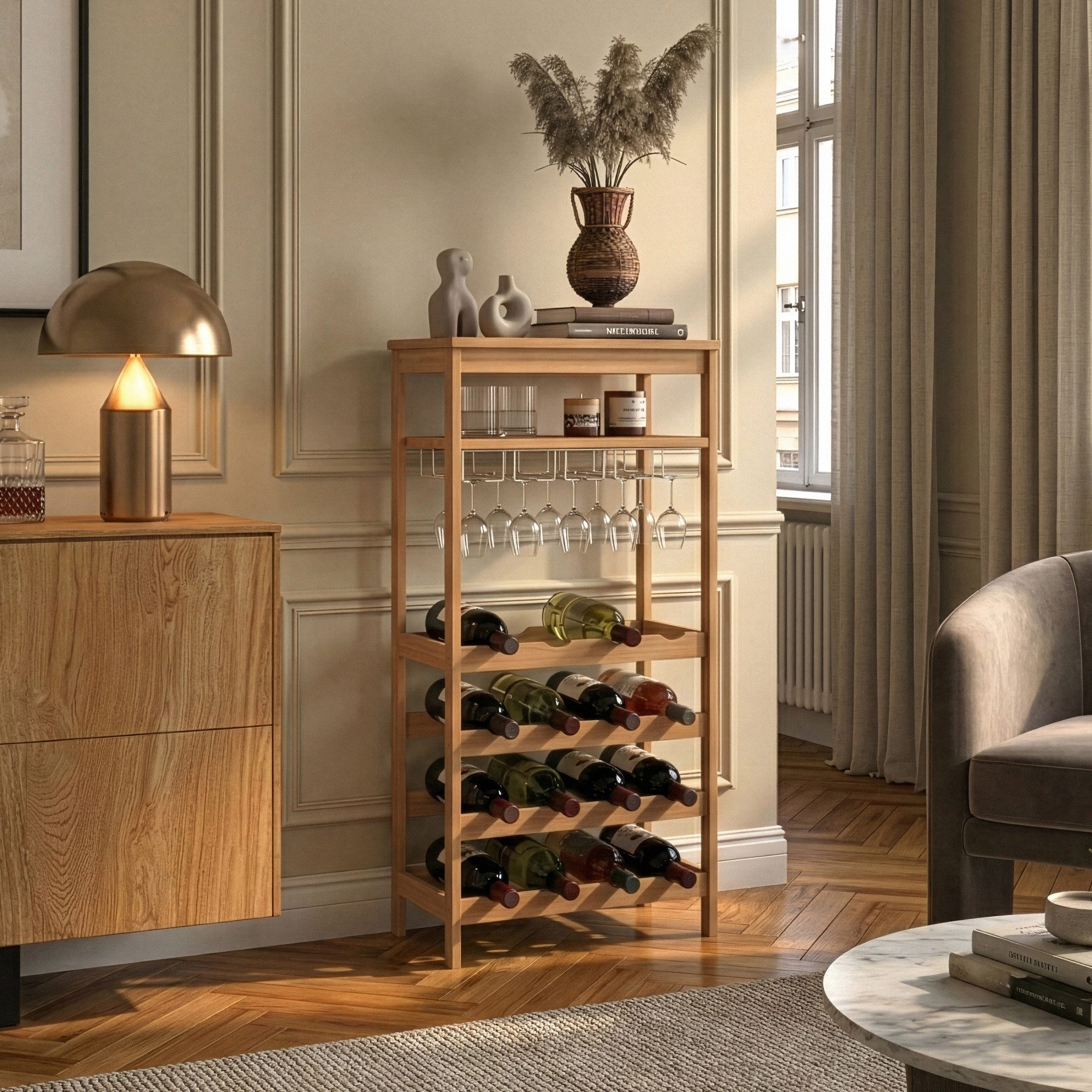 en.casa Weinregal, »Fillby« 100x47x29 cm mit Glashaltern für 16 Flaschen Bambus Natur