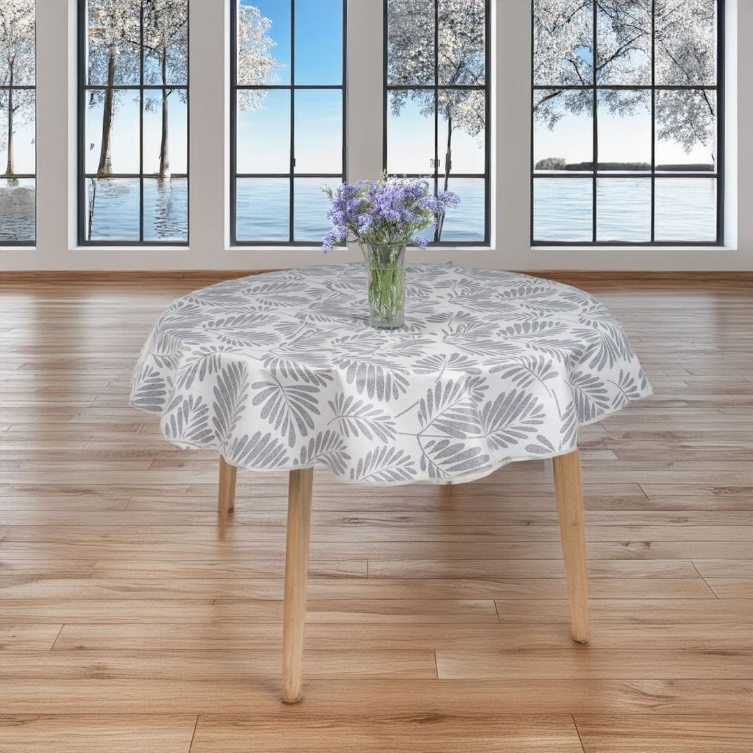 laro Tischdecke 140cm runde Tischdecke mit Saum-Eingefasst Blattgeflüster Grau Weiß – Bild 3 von 5