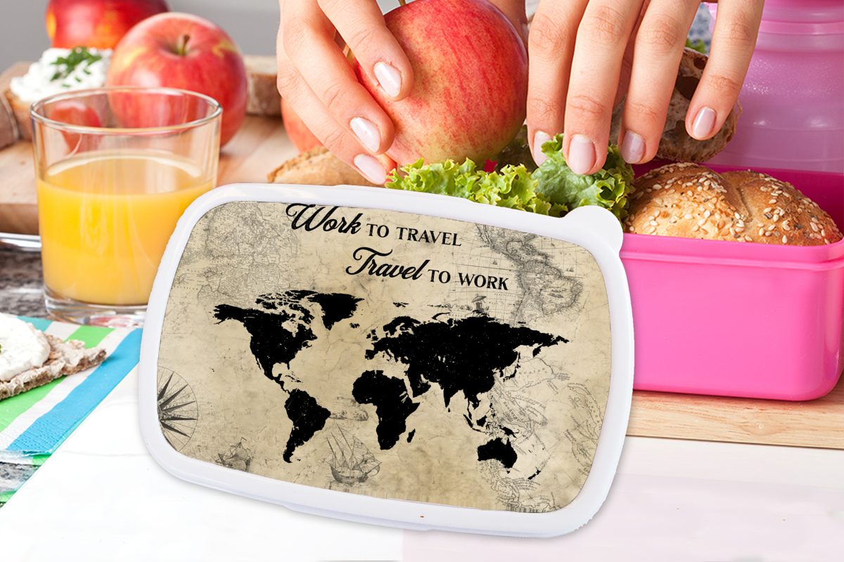 MuchoWow Lunchbox Karte - Reisen Kunststoff, Kunststoff Retro, Kinder, - Mädchen, Erwachsene, Brotbox Snackbox, Zitat für - (2-tlg), Brotdose rosa