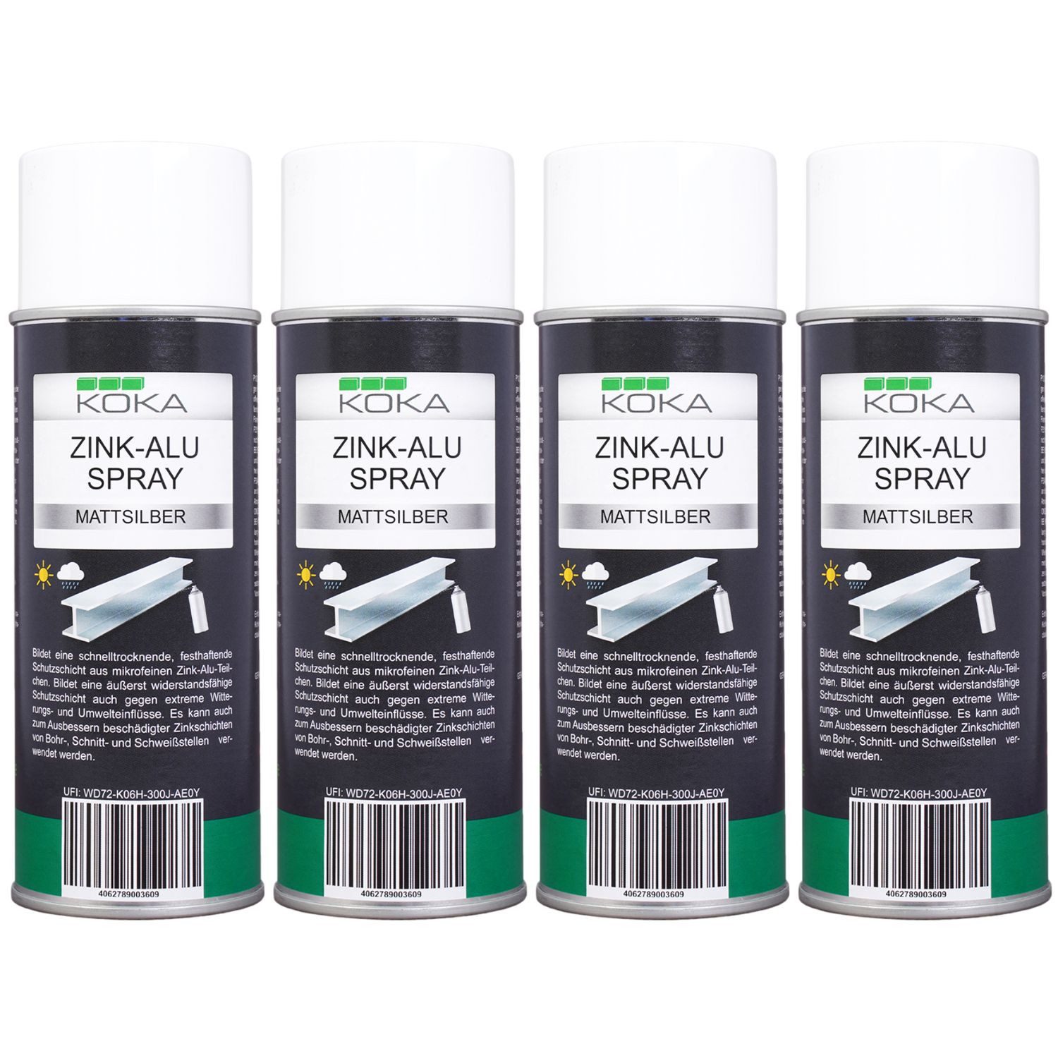 KOKA Sprühlack-Grundierung 4x Zinkspray Zink Alu Spray Hell Silber Matt, 4x 400ml, 4-tlg., 4x 400ml, Rostschutz Korrosionsschutz Grundierung überlackierbar bis +300°C