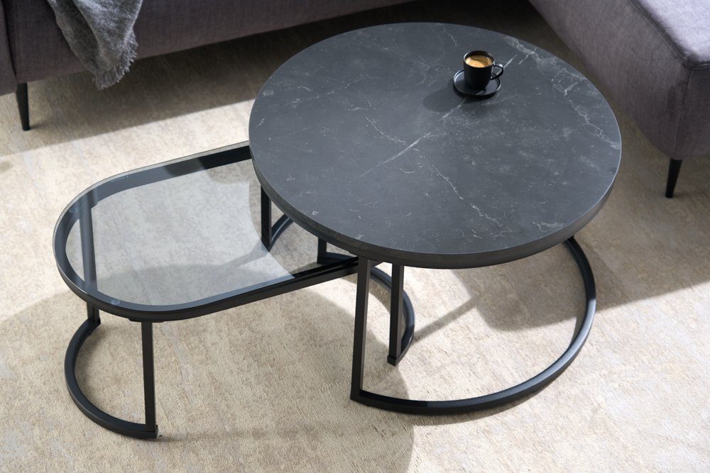 riess-ambiente Couchtisch ELEGANCE 70cm schwarz / grau (Set, 2-St), Wohnzimmer · Glas · Metall · Marmor-Optik · Industrial Design