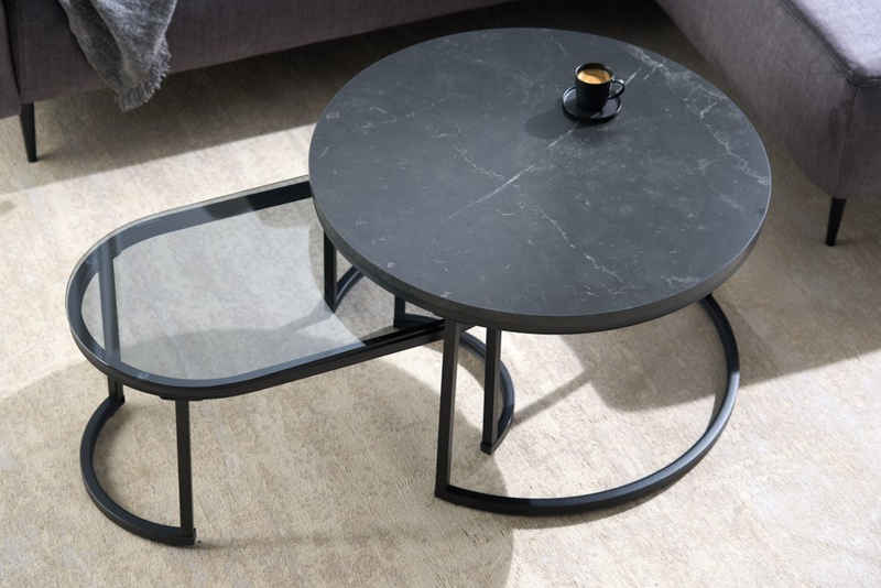 riess-ambiente Couchtisch ELEGANCE Ø70cm schwarz / grau (Set, 2-St), Wohnzimmer · Glas · Metall · Marmor-Design · rund · oval · Industrial