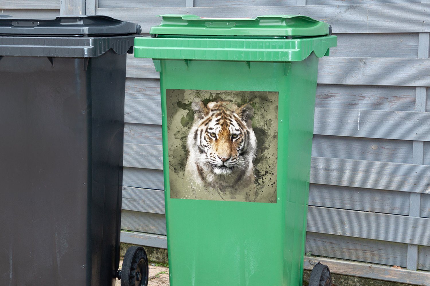- Mülleimer-aufkleber, (1 Sticker, Container, Tiger Mülltonne, - St), Aquarell Abfalbehälter MuchoWow Wandsticker Grün
