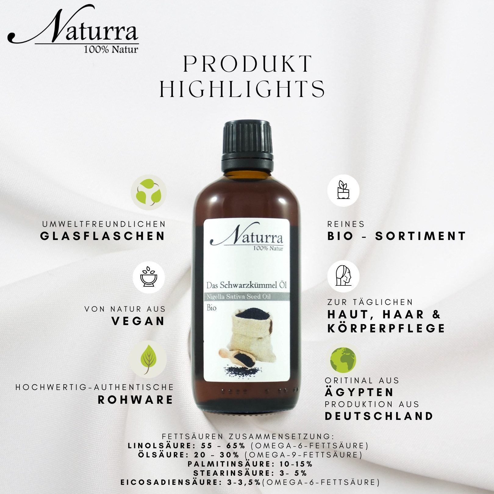 Naturra Körperöl Schwarzkümmelöl Bio kaltgepresst unraffiniert Premiumqualität Glas, Moderne deutsche Produktion, native Rohware in Lebensmittelqualität