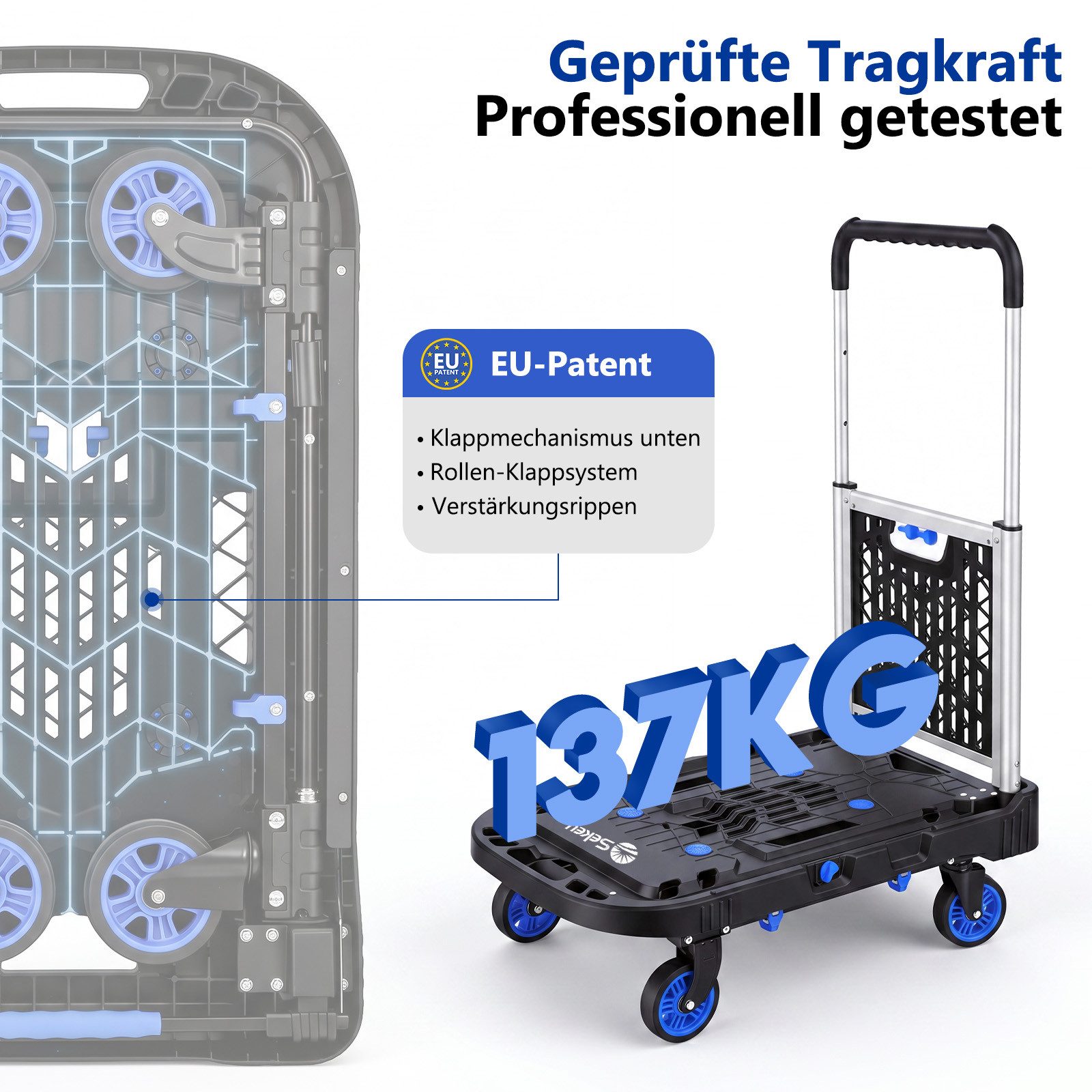 Sekey Transportwagen Plattformwagen klappbar Handgriff mit abnehmbarem Einkaufskorb, 2-in-1 Transportwagen 360° Lenkrollen, 3-Fach höhenverstellbarer Griff