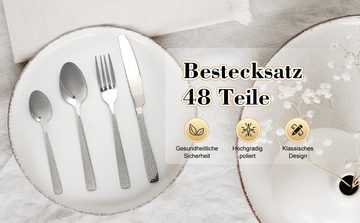 MULISOFT Besteck-Set 48 teilig Besteck Set für 12 Personen, Besteckset mit Gehämmert Griff, 12 Personen, Edelstahl, Essbesteck Set inkl Messer, Gabel, Löffel, Spülmaschinenfest, Rostfrei