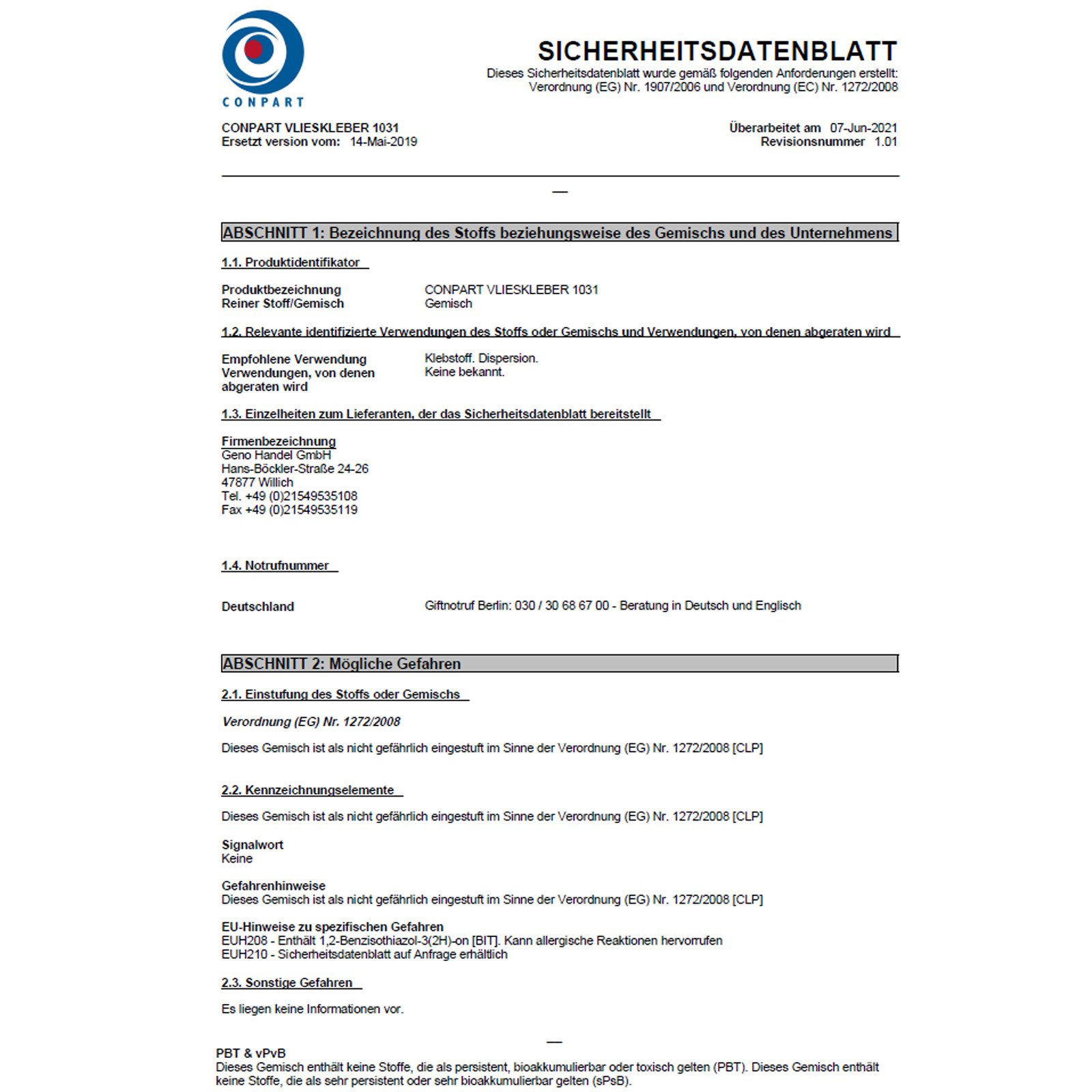 Conpart Dispersionskleber Vlieskleber - 16 Kg (1031)