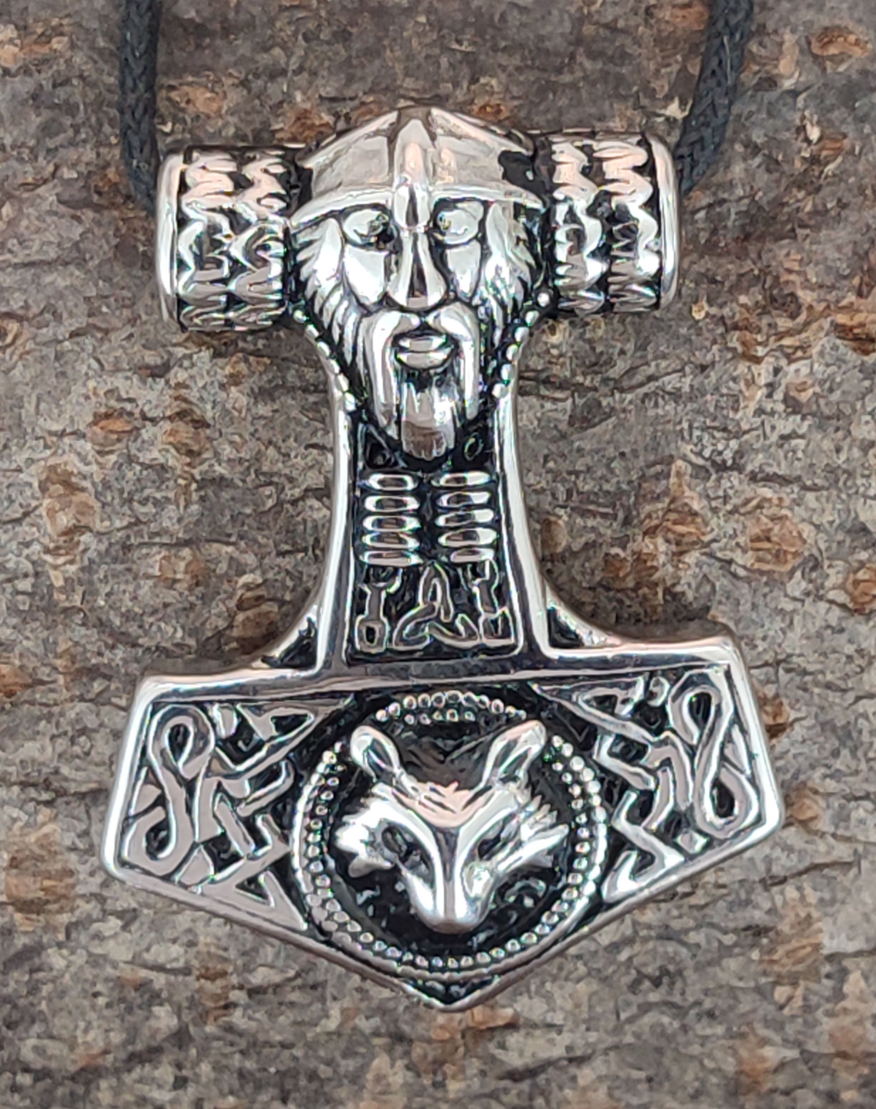 horshammer Odin of Thor Leather Kiss Edelstahl Kettenanhänger Thorhammer Wolf Edelstahl