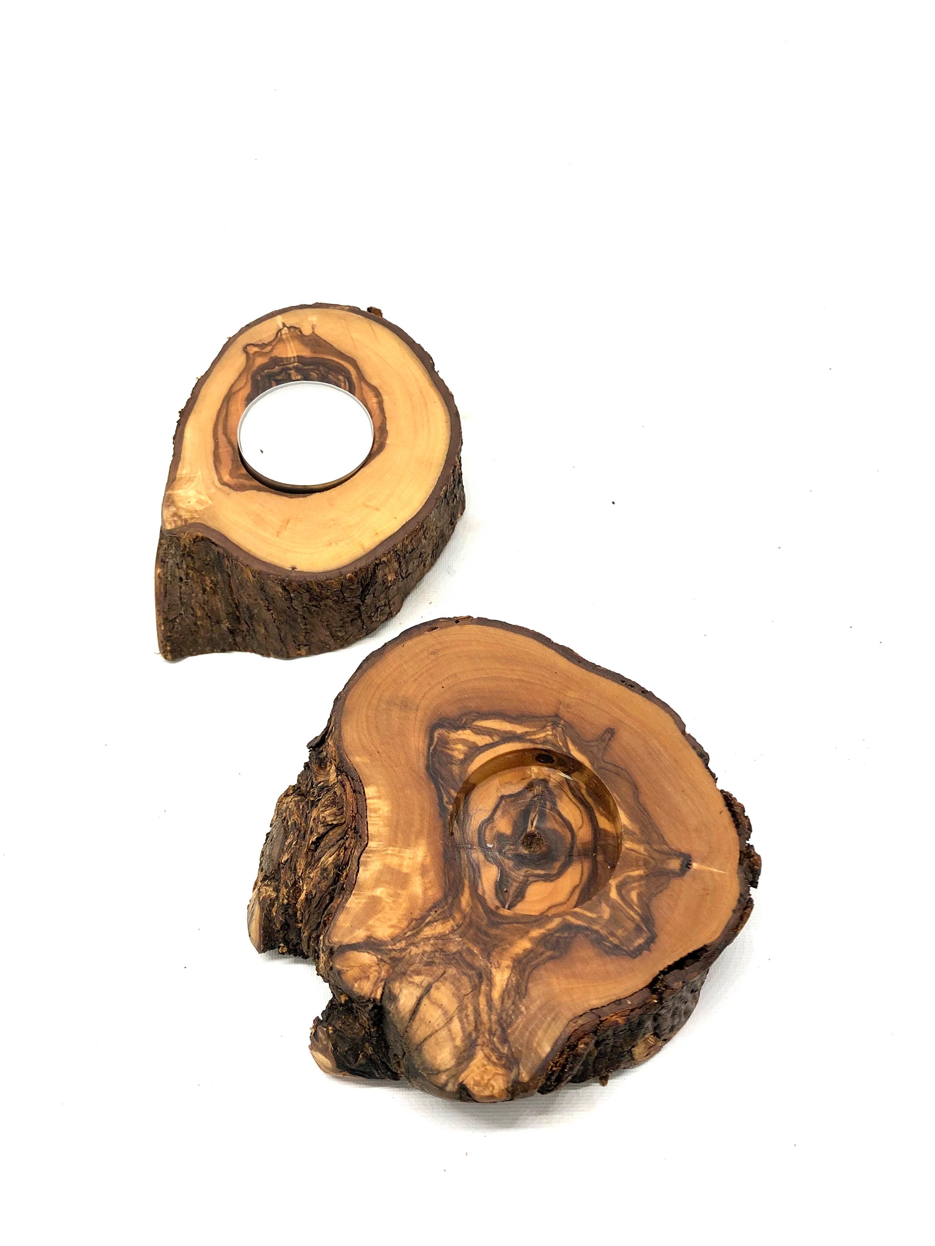 Olivenholz-erleben Teelichthalter rustikal aus Olivenholz-Baumscheibe, 2er Set (Set, 2 St), Handgefertigt, mit ausdrucksstarker Maserung – jedes Stück ein Unikat