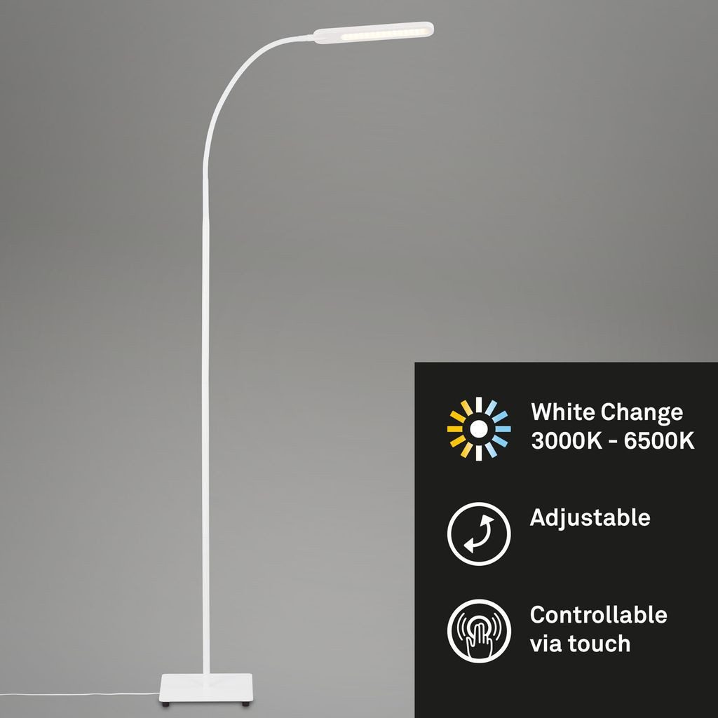 Briloner Leuchten Stehlampe 1389-016, Dimmfunktion, LED fest integriert, 2700K - Extra-Warmweiß, Stehleuchte, 183cm, Weiß, 6,5W, Wohnzimmer, Schlafzimmer, Flur, Büro