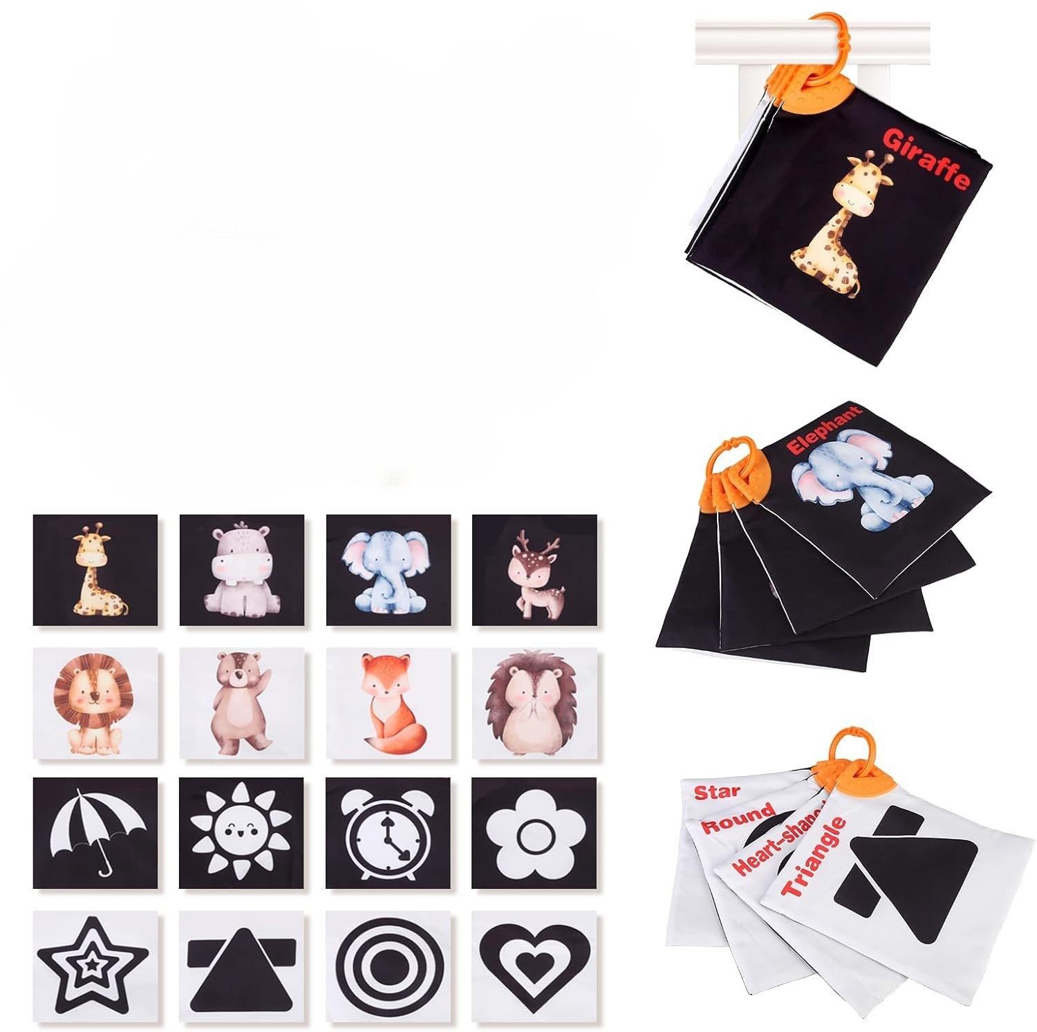 LA CUTE Stoffbuch Montessori Baby Stoffbuch Set – Sensorisches Fühlbuch ab 0 Monaten. (Sensorisches Spielzeugset mit 2 weichen Babybüchern., 2 Baby-Stoffbücher mit Schlaufen und unterschiedlichen Designs), Doppelseitiges Stoffbuch mit Knistergeräuschen kontrastreichen Mustern