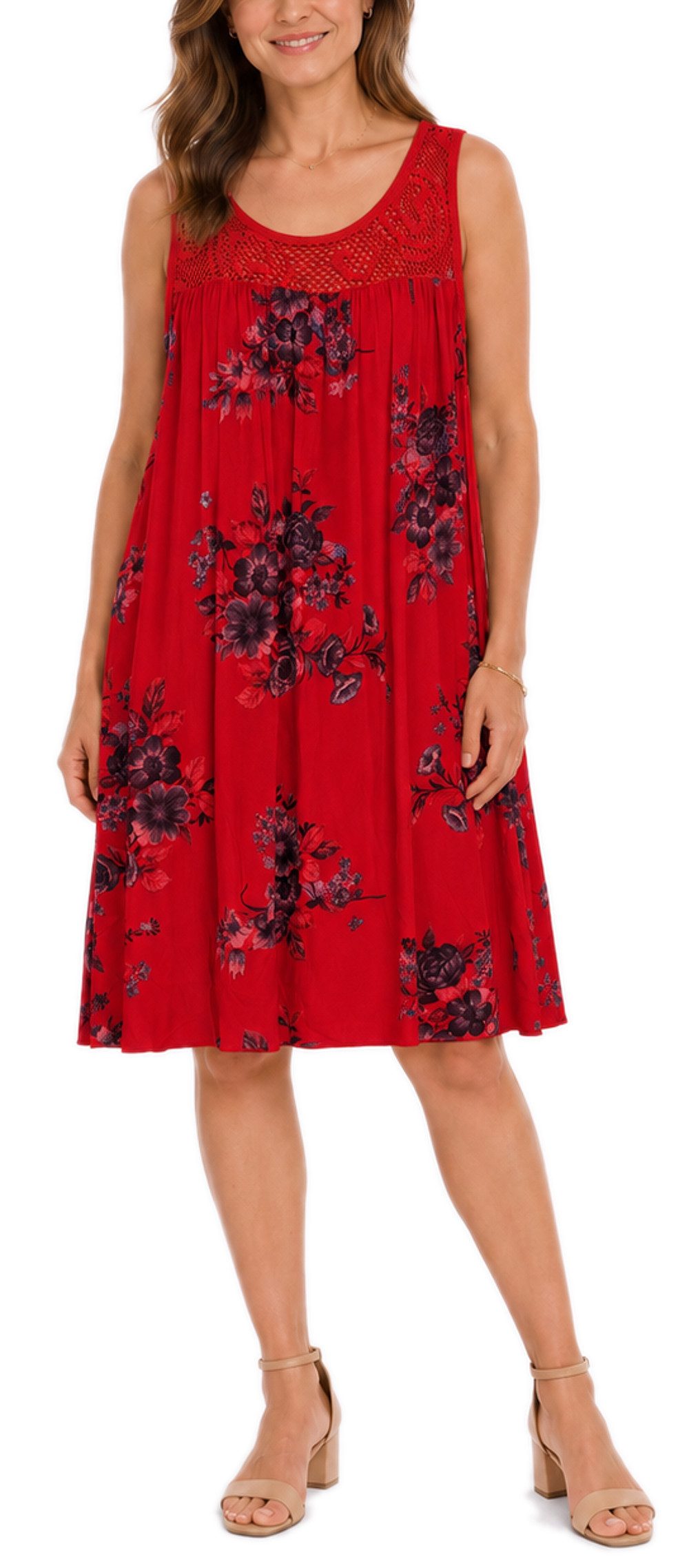 dy_mode Midikleid Damen Sommerkleid Blumenmuster Midi Kleid Strandkleid knielang Knielang, Transparente Häkel-Einsatz im Dekolleté- und Rückenbereich