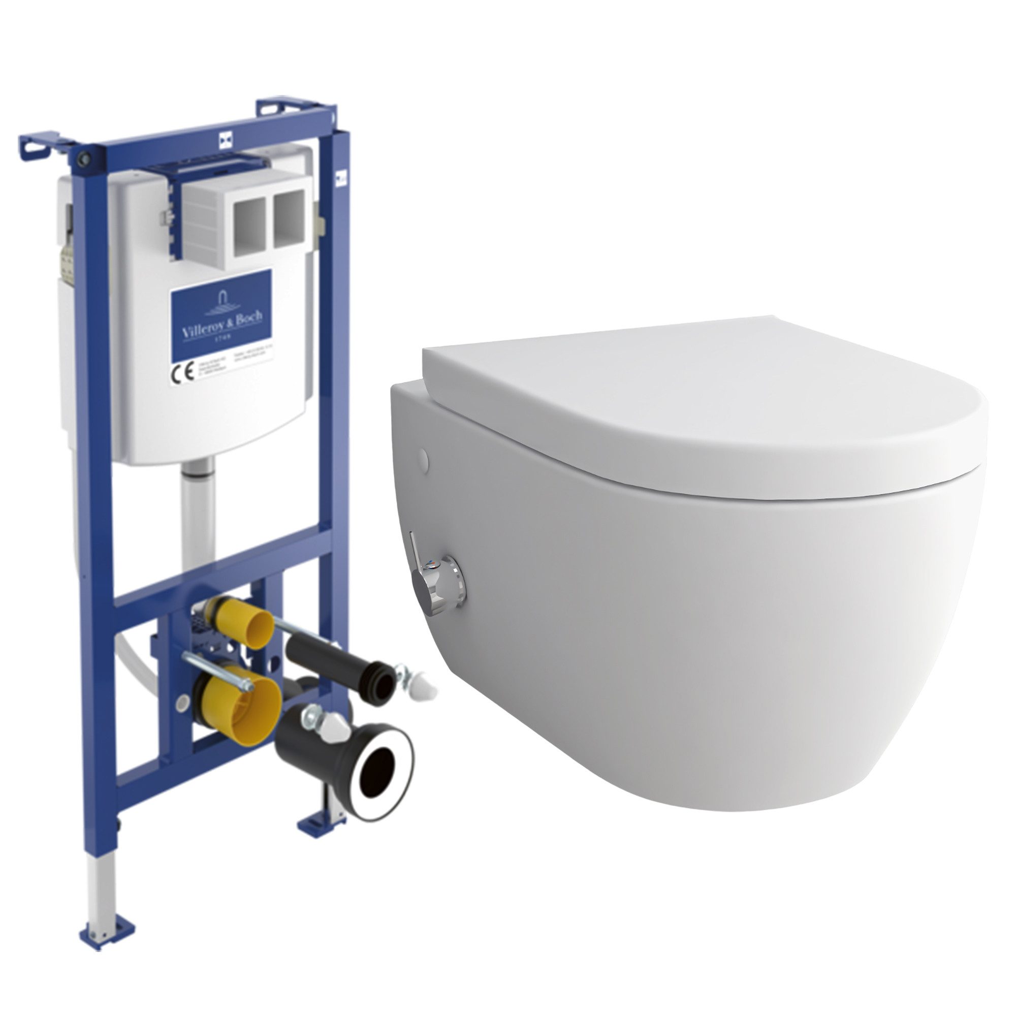 Alpenberger Vorwandelement WC Set Komplett: Dusch WC + Villeroy & Boch Spülkasten Betätigungsplatte, Duroplast Toilettensitz mit Absenkautomatik, Taharet WC mit Warm-Kalt-Mischer, Keramik Wand WC mit Bidet Funktion