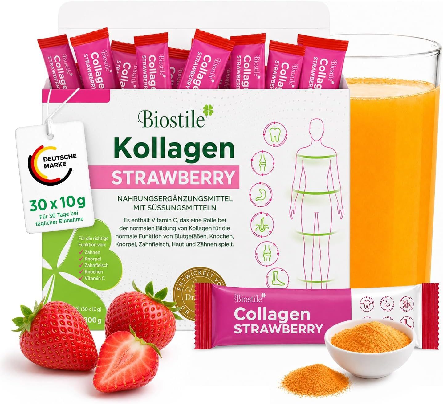 Biostile Kollagen Pulver Erdbeere mit 5 Kollagenquellen für Haut Haare Nägel - Kollagenpulver, 300 g, Mit Vitamin C, Curcumin und Shilajit, Erdbeergeschmack, 30 Beutel