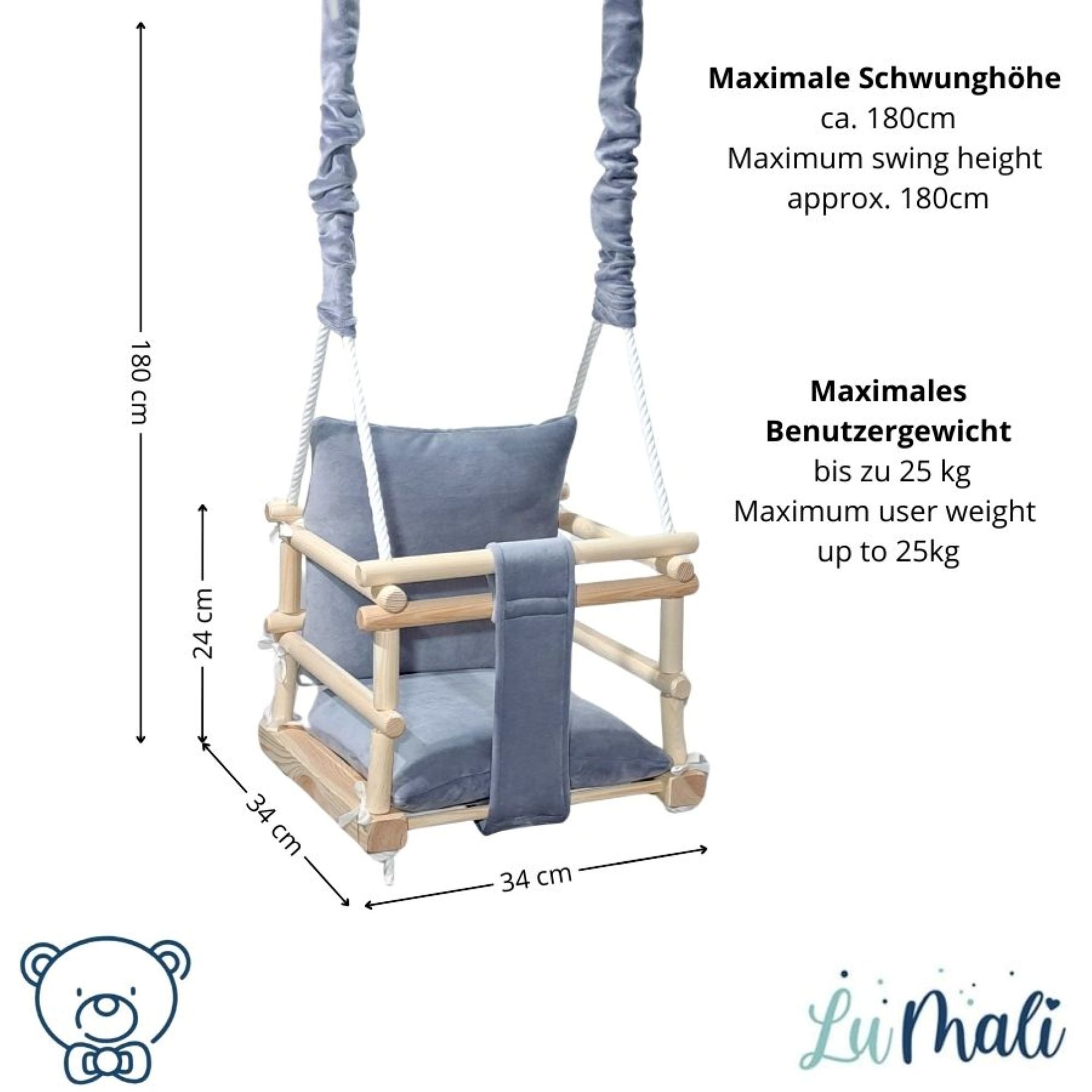 LuMali Babyschaukel Babyschaukel 3in1 Holz Sicherheitsgurt drinnen draußen 34x34x28cm, Kinderschaukel Naturholz Kiefer weich verstellbar 6-36 Monate