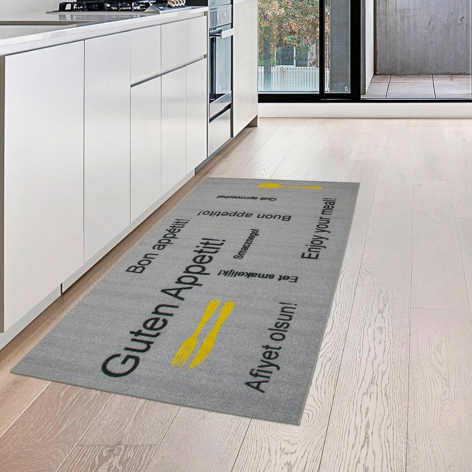 Teppich Küchenläufer in grau mit Gelrücken und schwarz-gelbem Schriftzug,  Teppich-Traum, rechteckig, Höhe: 5 mm