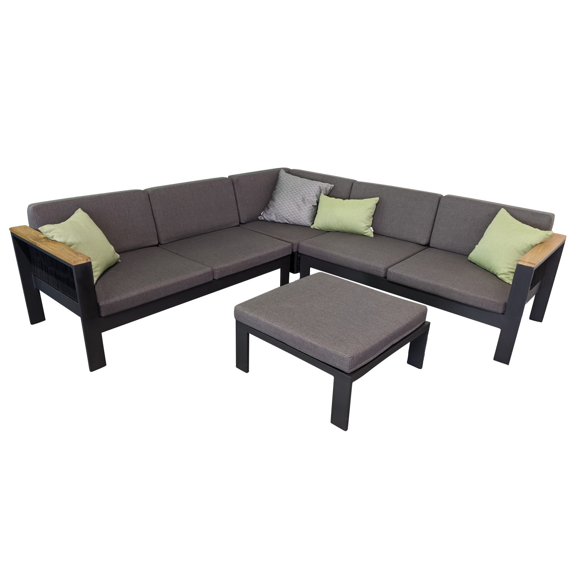 Jati & Kebon Gartenlounge-Set Miray, Ecklounge, Loungeset, (2-Sitzer Seitenteil rechts & links, Eckteil, Loungehocker, 4-tlg., Armlehnen Teak), für 4 Personen, Rope-Bespannung, inkl. Olefin-Polsterauflagen