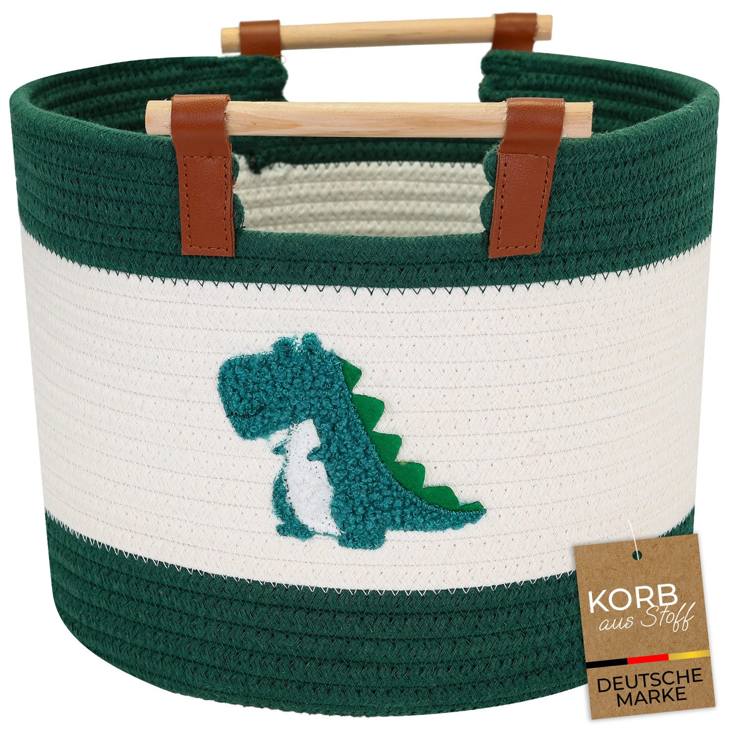 HMF Aufbewahrungskorb Aufbewahrungskorb mit Holzgriffen, runder Korb, für Kinderzimmer oder Babyzimmer, Dinosaurier, 30 x 30 x 24 cm