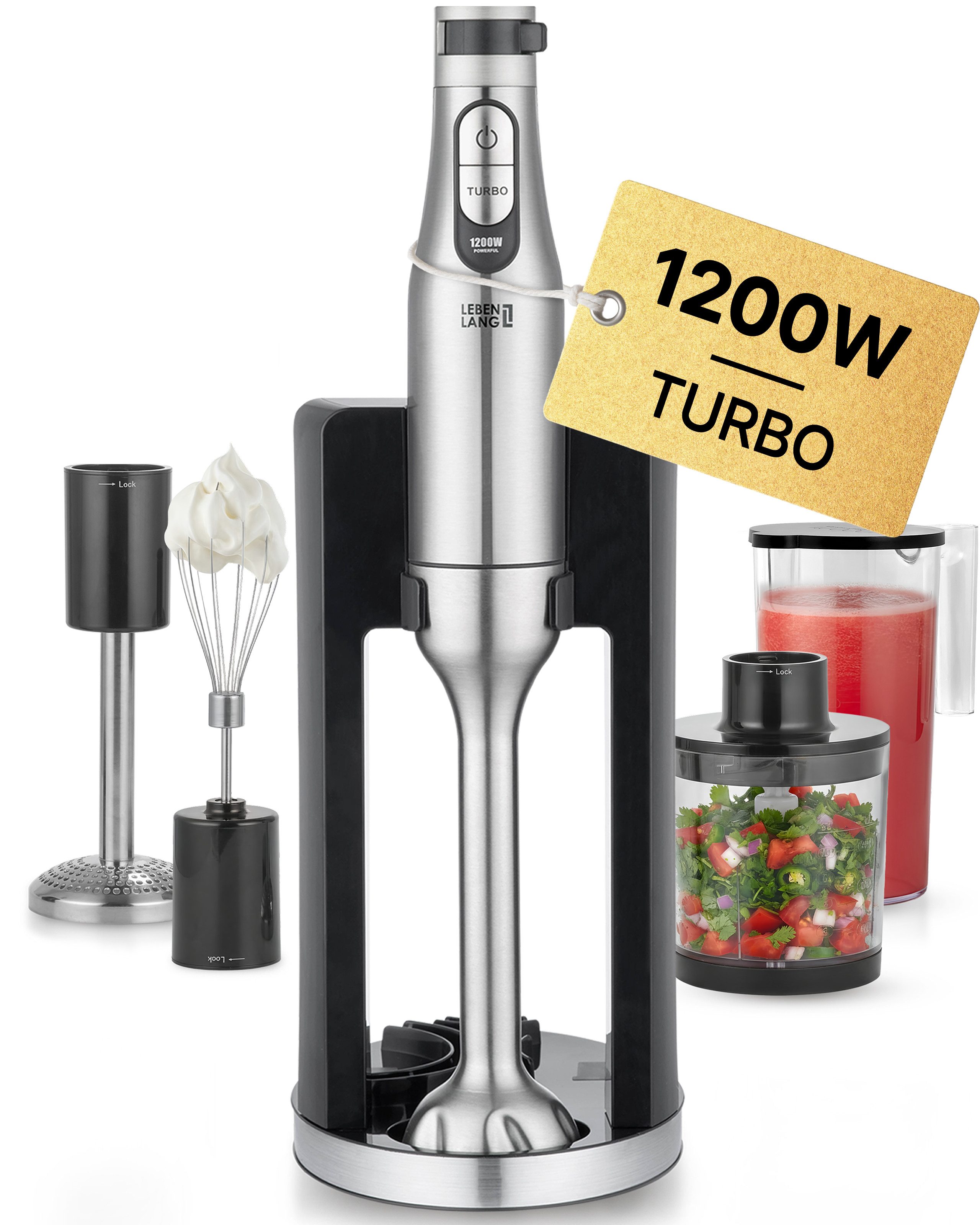 Lebenlang Stabmixer Premium Set aus Edelstahl - Stufenlos verstellbar & Inkl. Aufsätze, 1200 W, Hand Blender Set mit Einhandbedienung, Allrounder in der Küche