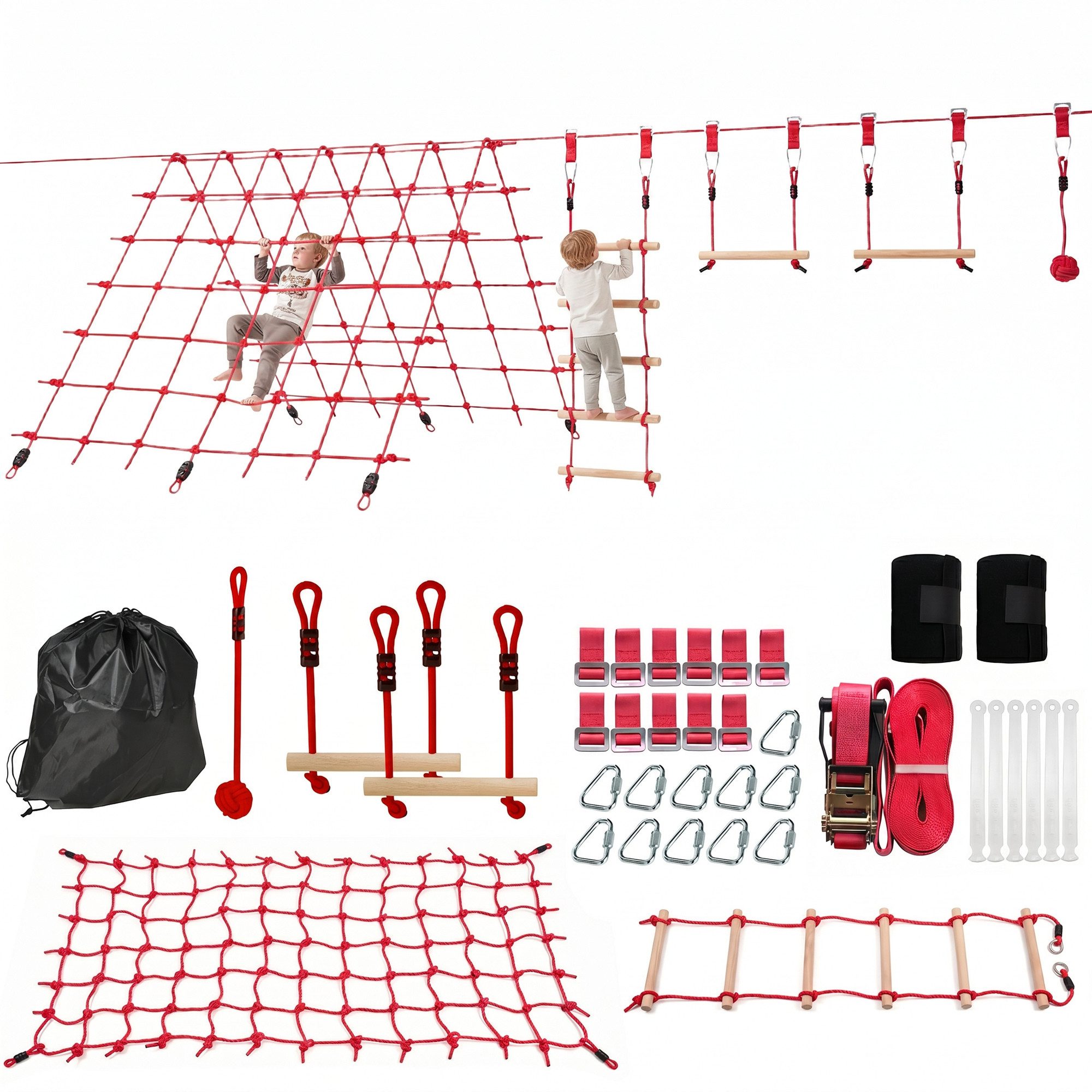 AIYAPLAY Slackline Ninja Line Kinder mit Turnringe, Schaukel, Kletterleiter, für 3-6 Jahre Kinder Rot