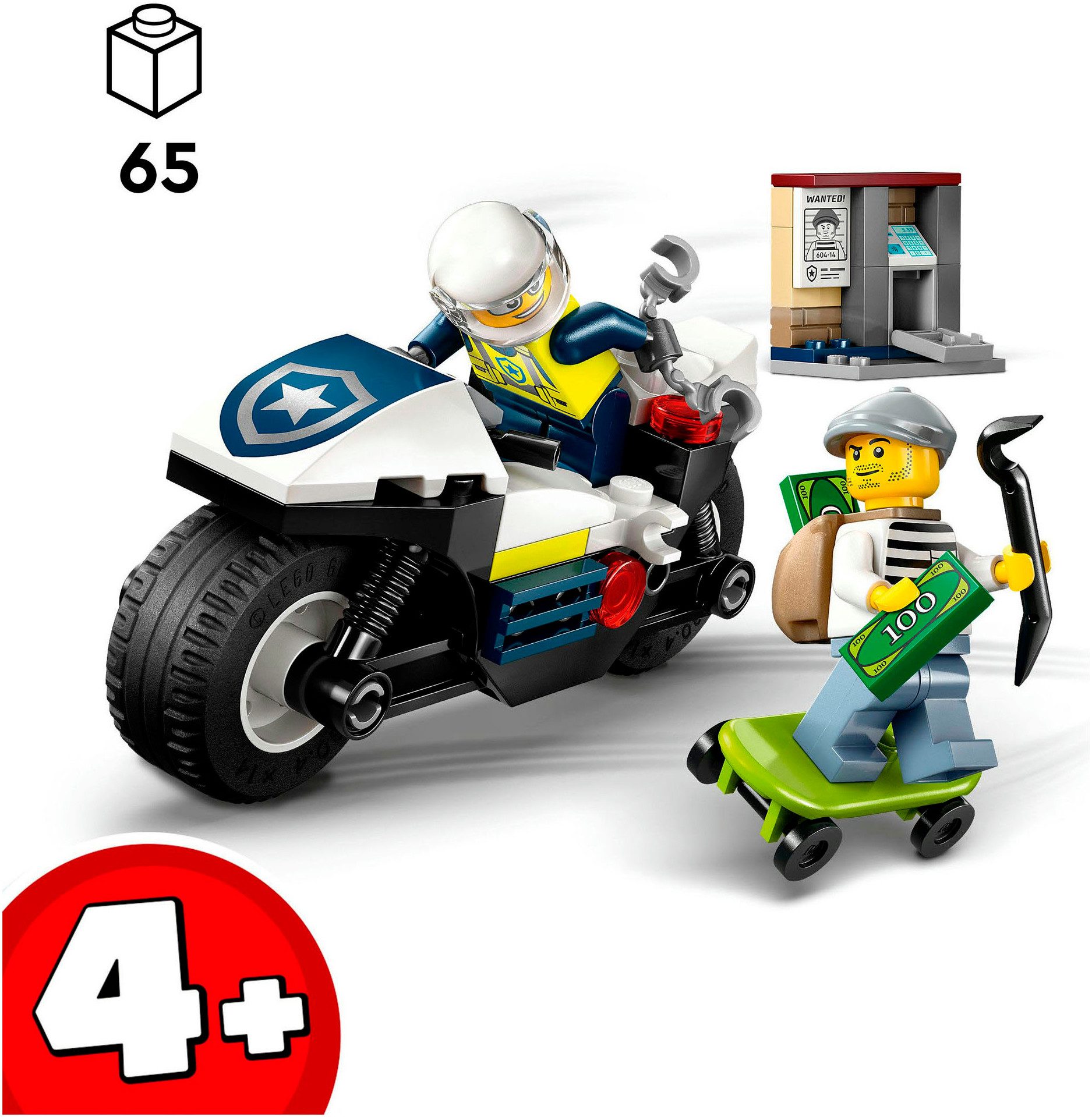 LEGO® Verfolgungsjagd mit dem Polizeimotorrad (60455), LEGO City Konstruktionsspielsteine, (65 St), Made in Europe