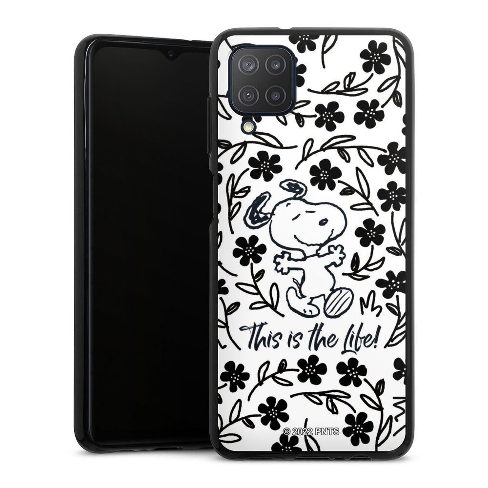 DeinDesign Handyhülle Peanuts Blumen Snoopy Snoopy Black and White This Is The Life, Samsung Galaxy M12 Silikon Hülle Bumper Case Handy Schutzhülle