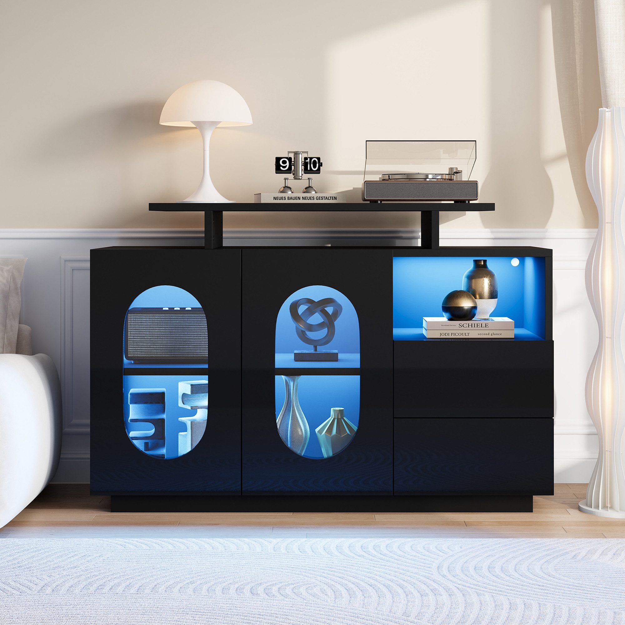 HAUSS SPOLE Sideboard LED-Vitrine mit ovalen Glastüren Anrichte Bücherregal günstig online kaufen