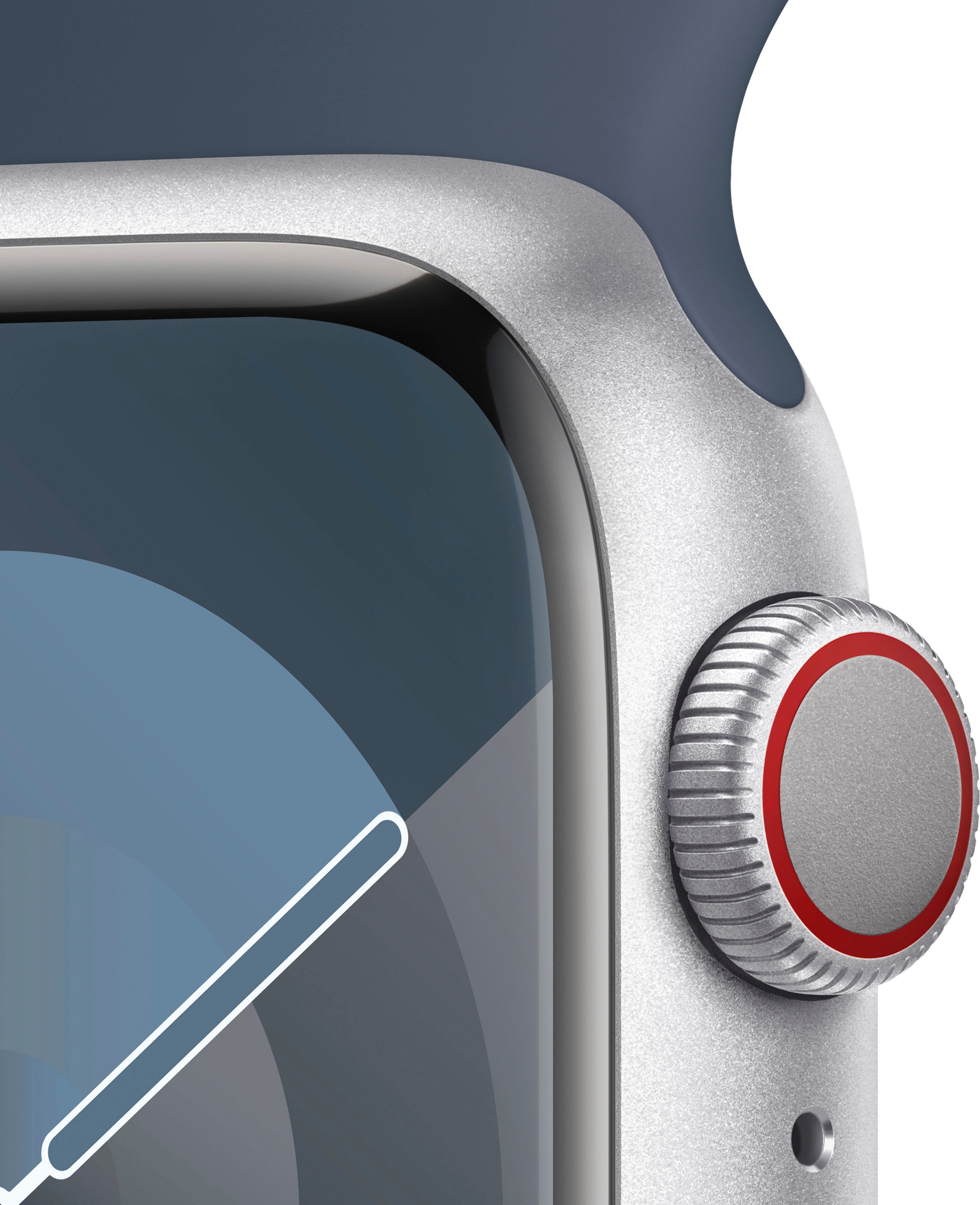 Apple Watch Series 9 Zoll, OS GPS Aluminium Watch Sturmblau Band + cm/1,61 Silber (4,1 10), Sport | 41mm Cellular Smartwatch