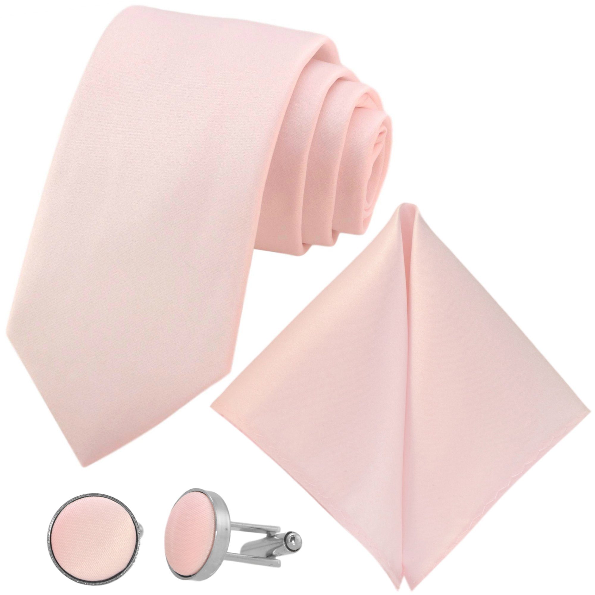 GASSANI Krawatte Hochzeitskrawatte Satin, Herren-Krawatte Hochzeit Schlips z Anzug (Set, 3-St., Krawattenset, mit Einstecktuch, Manschettenknöpfe) Uni, Mattes Seide-Touch-Finish