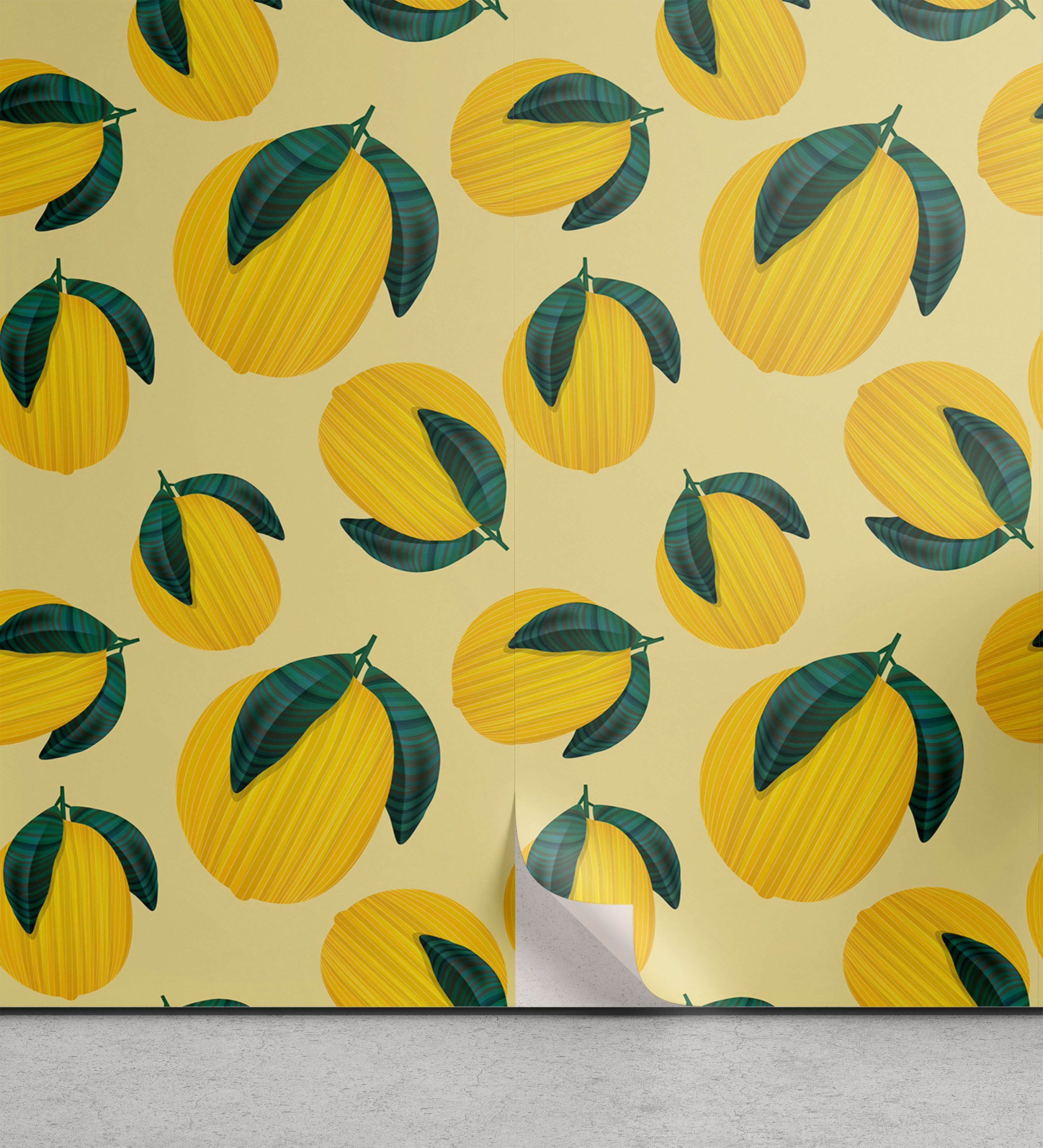 Abakuhaus Vinyltapete selbstklebendes Wohnzimmer Küchenakzent, Garten-Kunst Grafik-Zitronen-Blätter