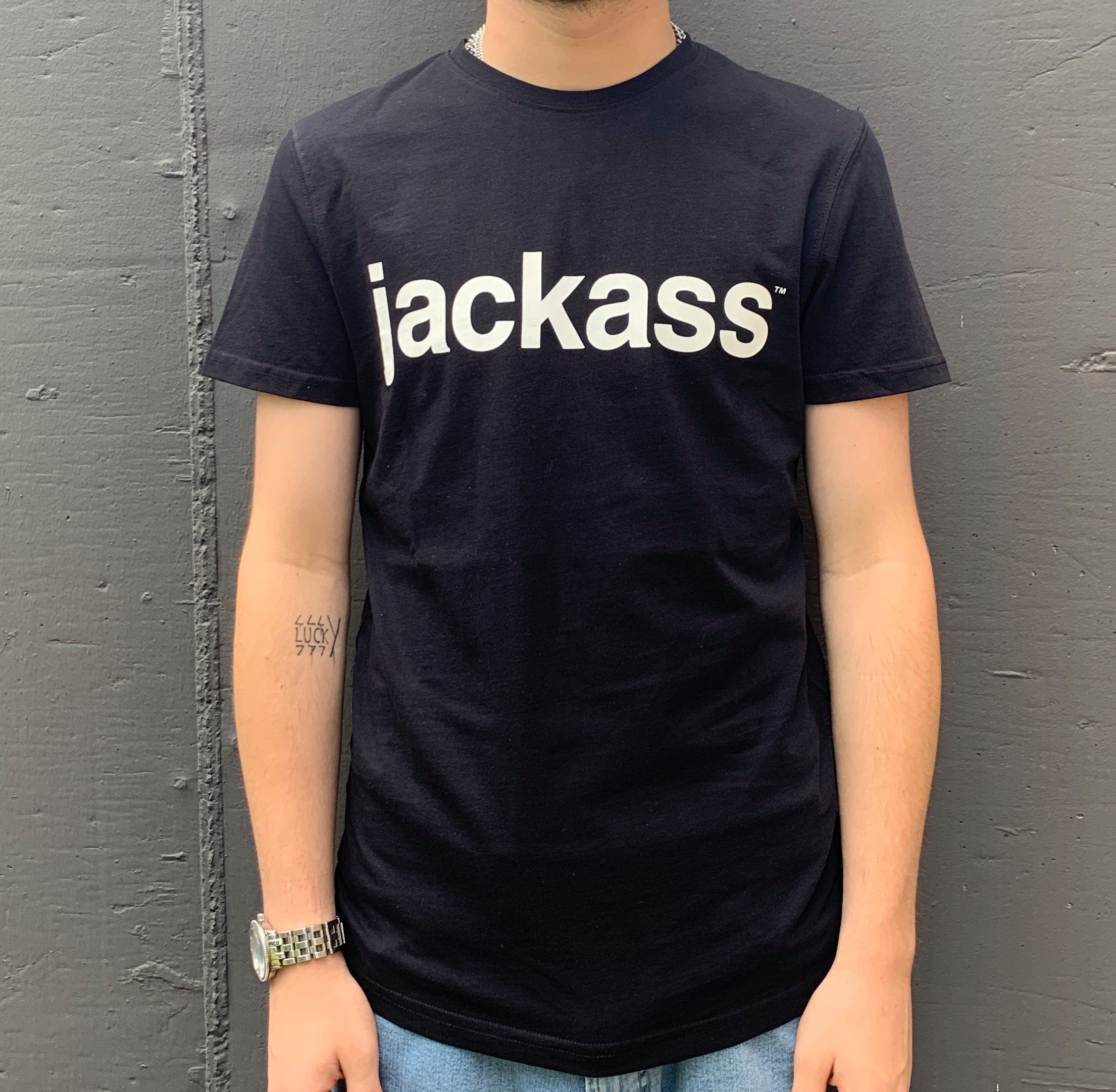 "Wording", mit (Stück, Jackass,T-Shirt, Stück) Schwarz, 1-tlg., T-Shirt Herren Frontprint jackass