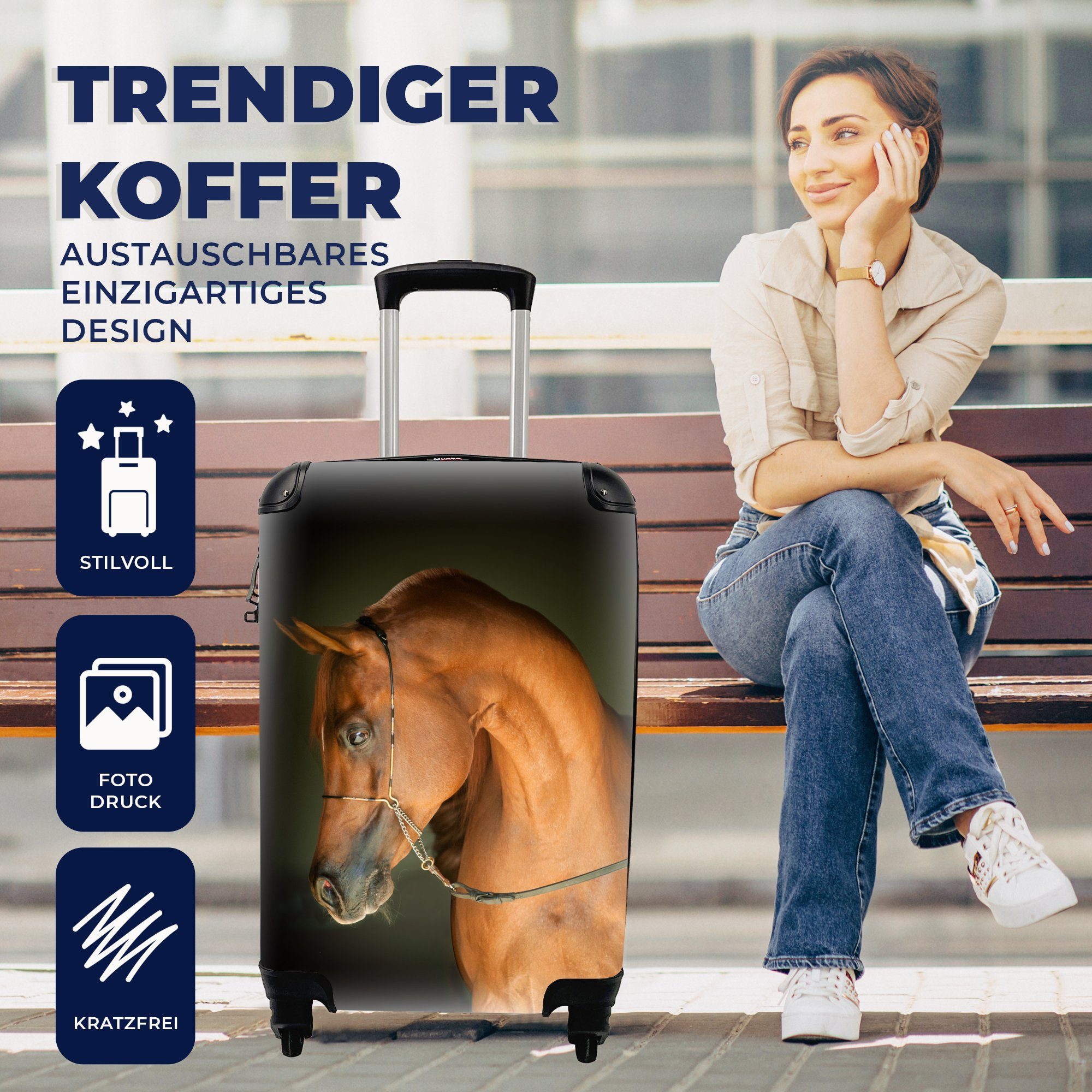 Rollen, Handgepäck Handgepäckkoffer mit Reisetasche - rollen, Ferien, für - Braun Schwarz, Trolley, 4 Reisekoffer MuchoWow Pferd