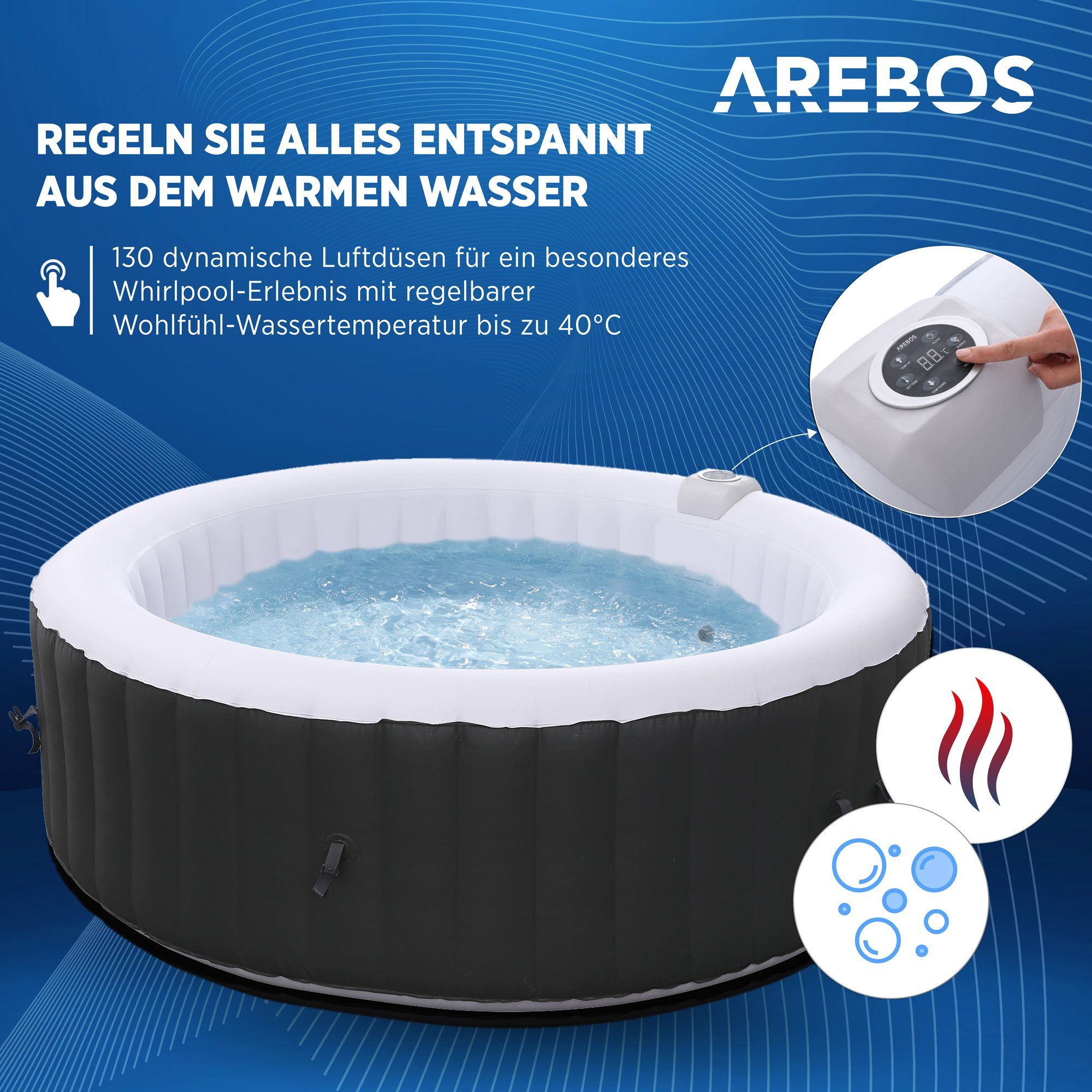 Arebos Whirlpool ROME aufblasbar für bis zu 6 Personen mit 130 Massagedüsen, (Komplett-Set, 208 x 208 cm), für Outdoor & Indoor