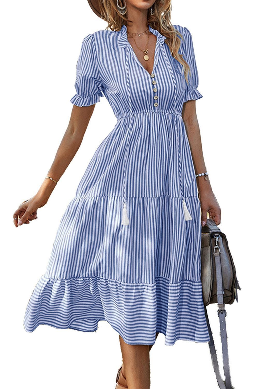 BlauWave Abendkleid A-Linien-Kleid Damen Midi-Kleider Sommer mit Rüschen (1-tlg., Puffärmeln V-Ausschnitt) Geeignet für tägliche Reisen