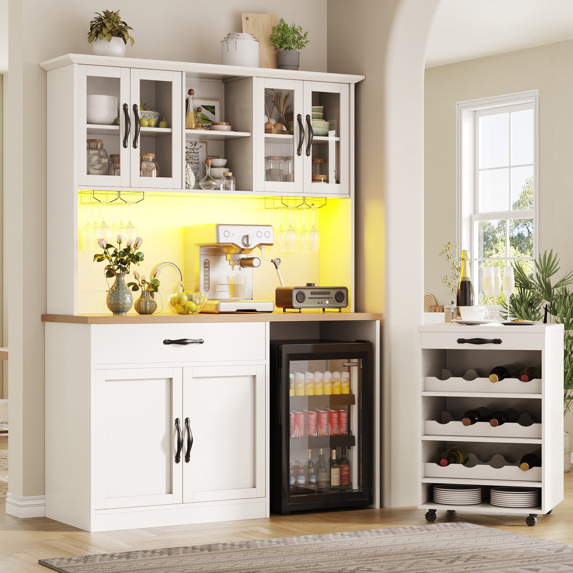 Odikalo Küchenbuffet Küchenschrank mit LED Rollwagen & Weinregal (mit Weinglasregal & Weinregal, Beleuchteter Sideboard Schrank für Wohnzimmer, Esszimmer) 140*38*180cm(L x B x H)