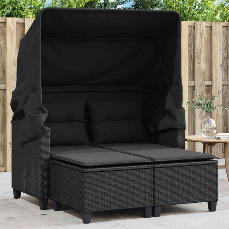 vidaXL Loungesofa Gartensofa 2-Sitzer mit Dach und Hockern Schwarz Poly Rattan