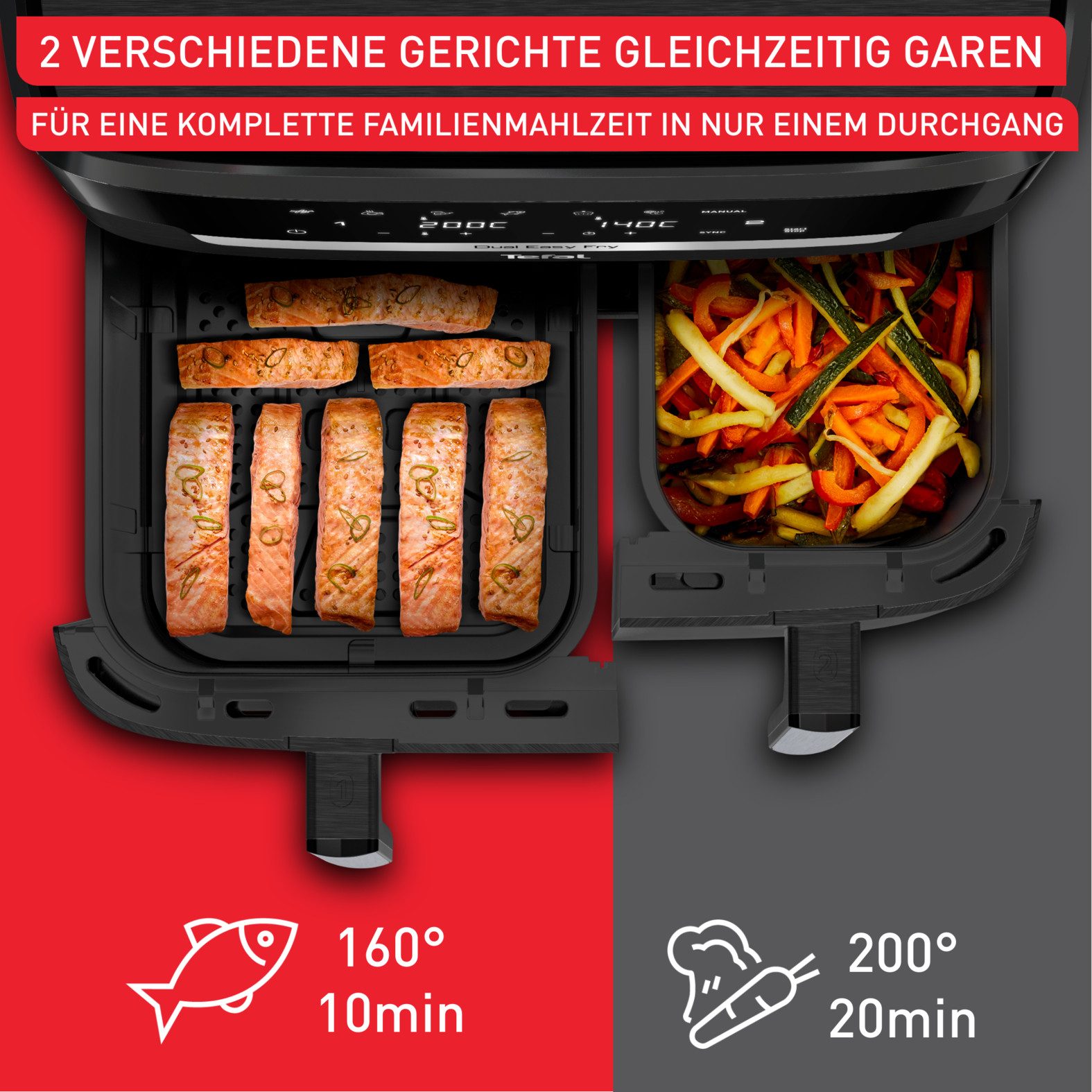 Tefal Heißluftfritteuse Dual Easy Fry XXL, 2 Schubladen mit gesamt 11L Kapazität, 7 Programme, MyTefal App, 2700 W, Heissluftfritteuse Doppelkammer, energie- & zeitsparend, EY9428
