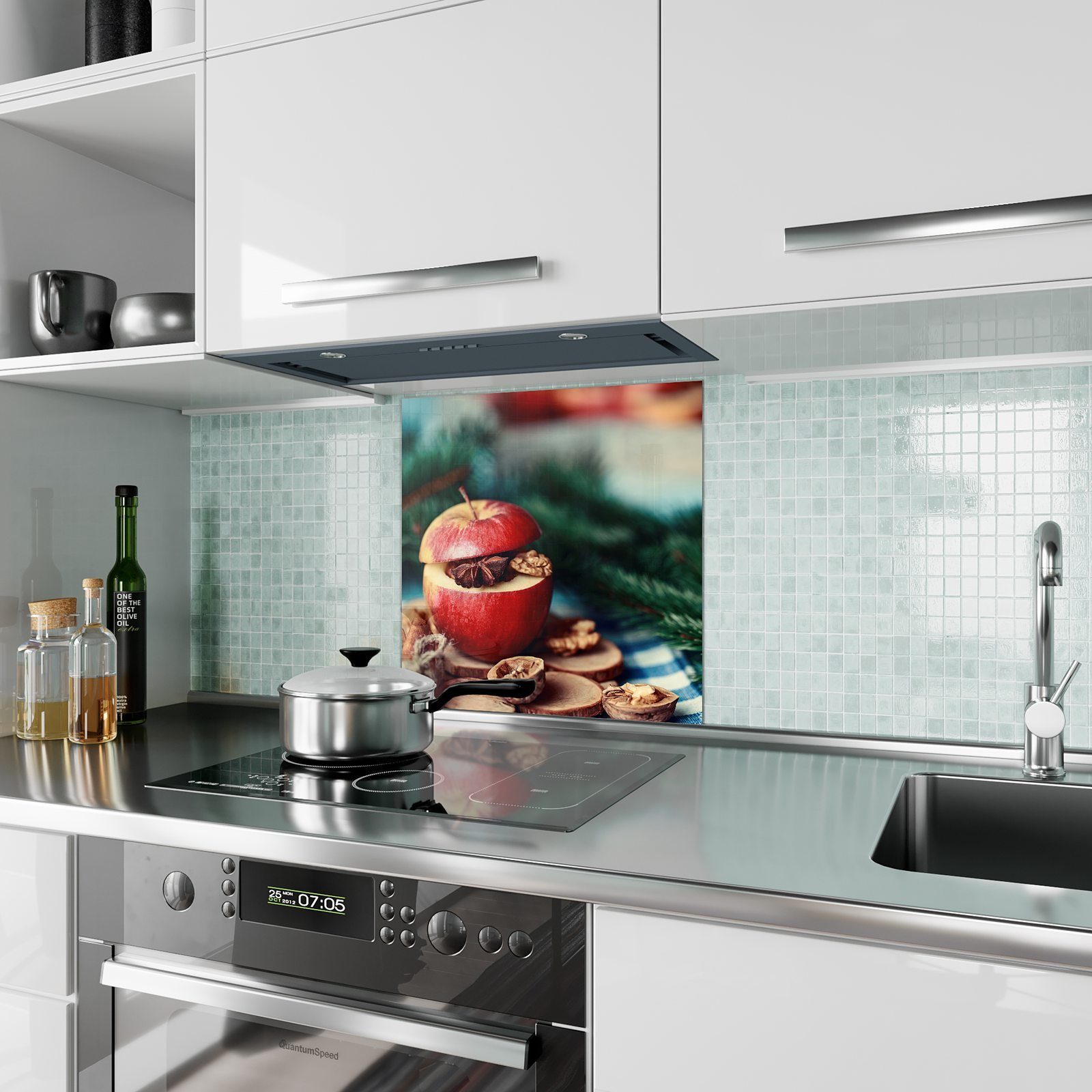 Primedeco Küchenrückwand Küchenrückwand Spritzschutz Glas Bratapfel Deckel Motiv mit mit