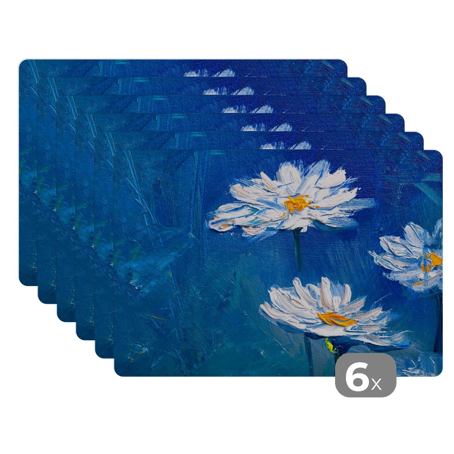 Platzset, - Platzset, - Blau, (6-St), Ölfarbe Platzmatte, Schmutzabweisend Tischmatten, MuchoWow, Blumen - Platzdecken, Gemälde