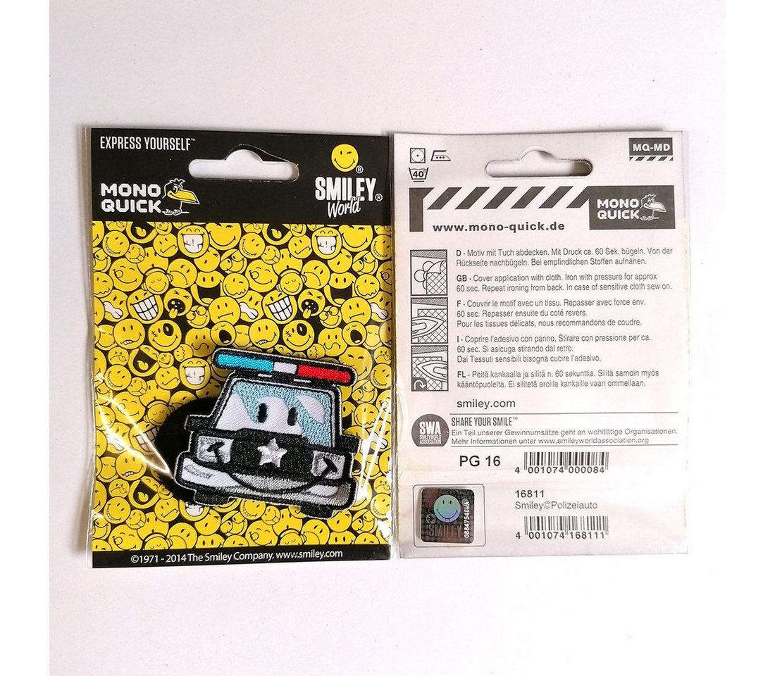 Thumbnail - Smiley Aufnäher Bügelbild, Aufbügler, Applikationen, Patches, Flicken, zum aufbügeln, Polyester, Polizeiauto Klett - G...