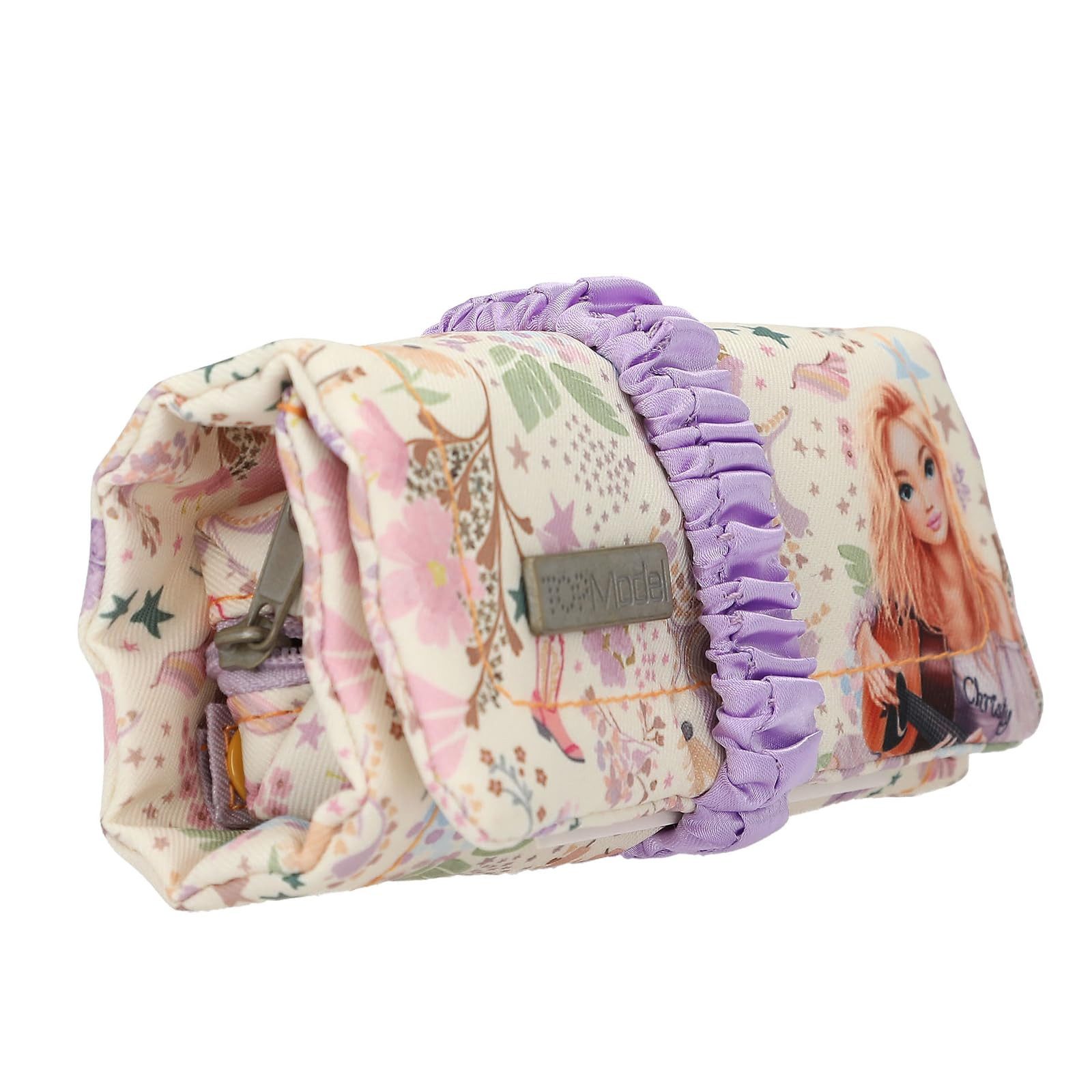 Depesche Federmäppchen TOPModel Cowgirl Roll Schmucketui Lila Creme mit Model Motiv, Blumen Muster, Mäppchen mit gerafftem Band