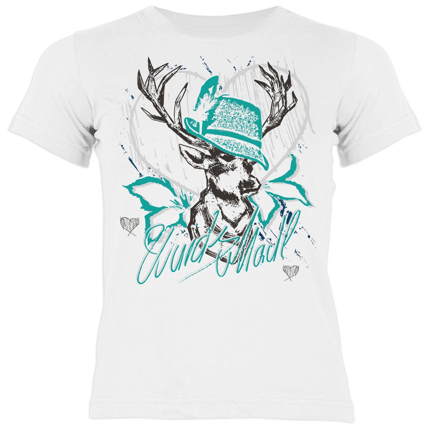 Tini - Shirts T-Shirt Mädchen Trachten Shirt Trachten-Motiv Hirsch T-Shirt Mädchen : Wuids Madl (türkis)