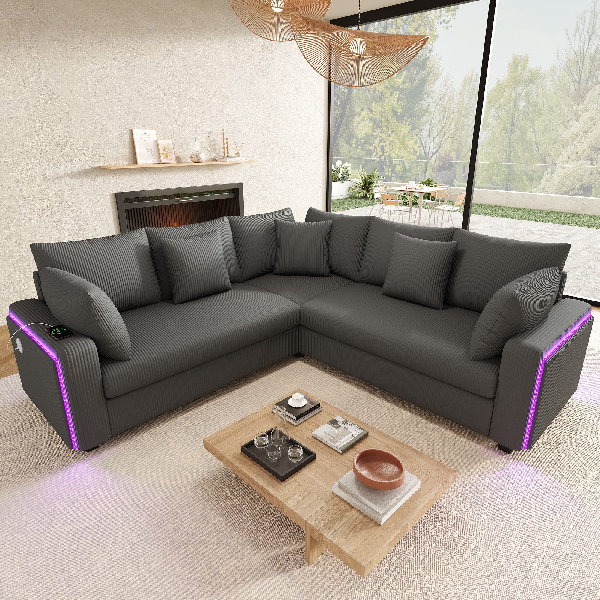 Odikalo Ecksofa Eckcouch mit Schlaffunktion LED & USB, mit LED‑Ambiente­beleuchtung, USB‑Ladeanschluss und weichem Cordstoff, inklusive passenden Kissen – modernes Sofa für Wohnzimmer, Schlafzimmer und Wohnungen