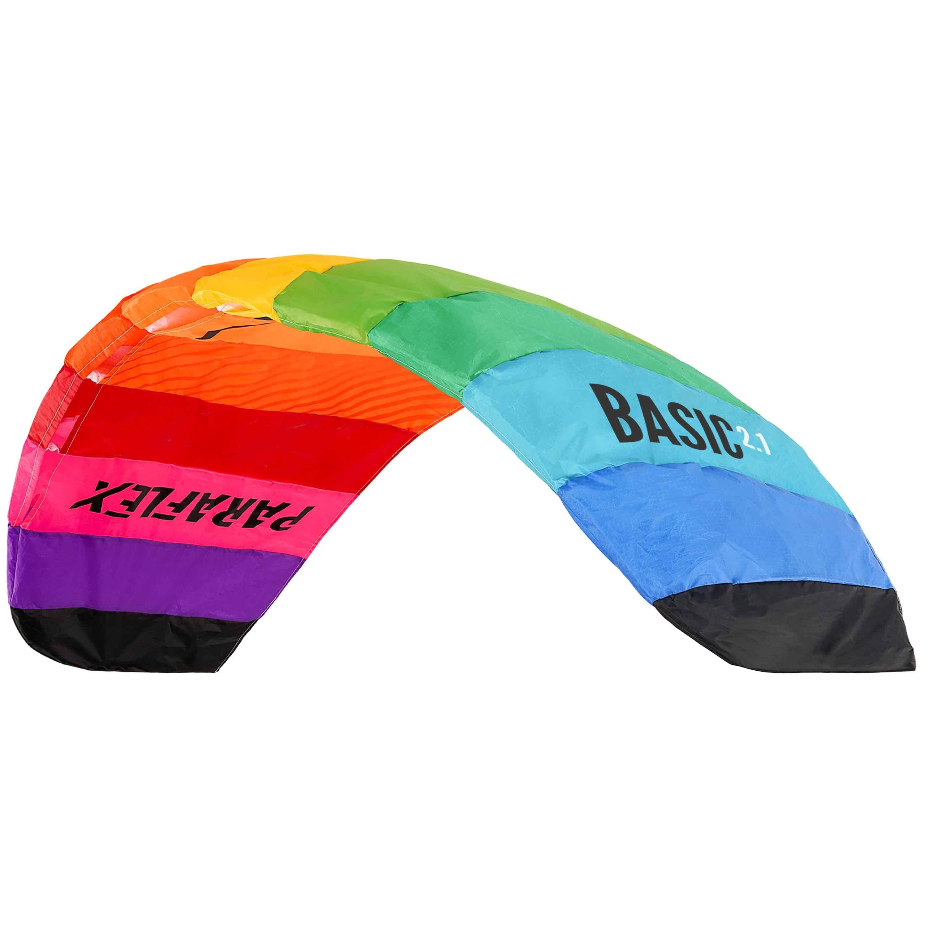 Wolkenstürmer Kite Paraflex Basic 2.1 Regenbogen Lenkmatte Ready to Fly, (Stunt Kite für Erwachsene ab 10 Jahren Flugmatte 1,4 m² Fläche, 1-tlg), Rainbow Zweileiner Sportdrachen 210 cm mit Dyneema-Leinen