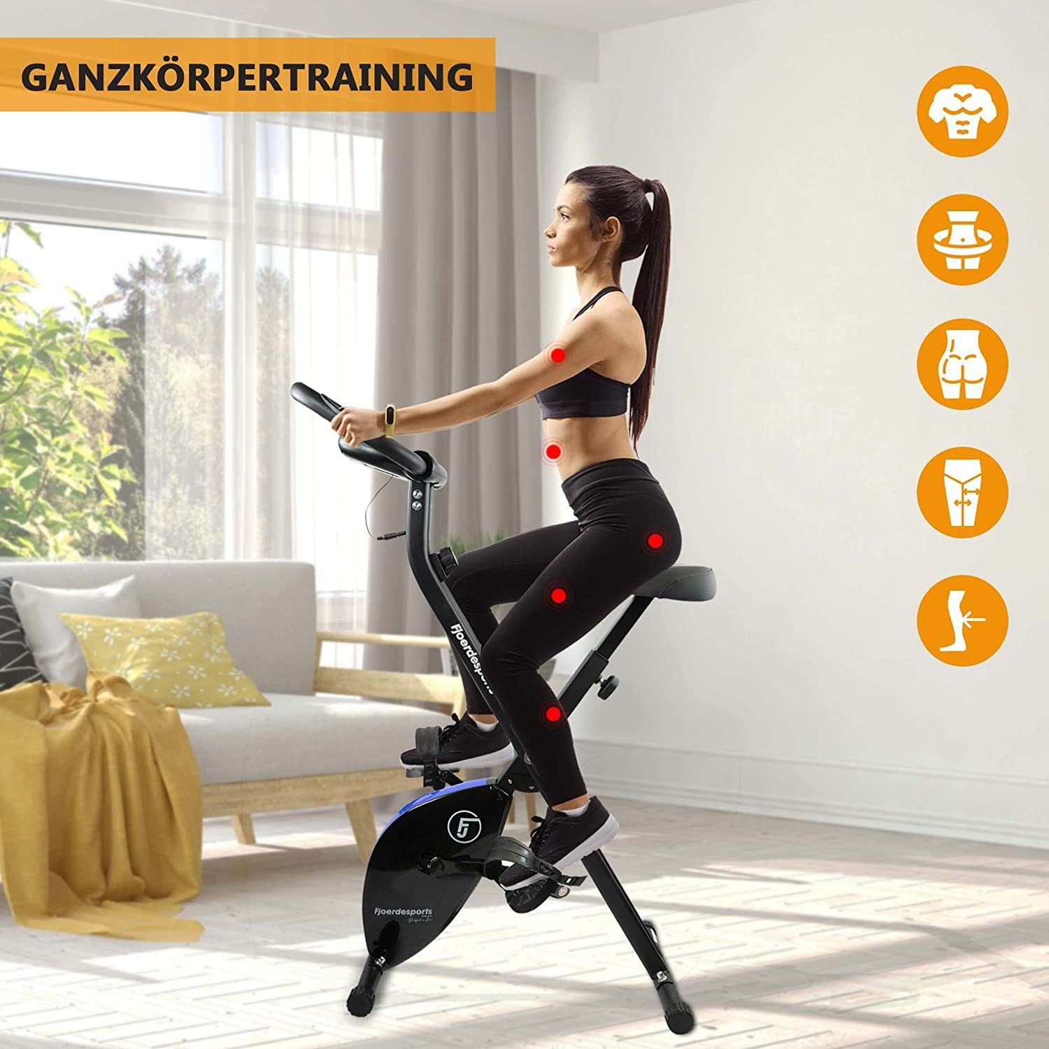 Fjoerdesports Heimtrainer Faltbarer Heimtrainer mit LCD Display Hometrainer Fitnessfahrrad (Maximales Benutzergewicht 110 Kg inkl. verstellbaren Sitz, klappbarer Hometrainer, inklusive Pulsmessung, maximales Benutzergerwicht 110 kg, Fitness Bike, Seniorentrainer, Bewegungstrainer, Trimmrad, höhenverstellbar, stabile Standfüße, bodenschonend, 8 Widerstandsstufen, Handpulssensoren, Riemenantrieb), Hometrainer, Fitnessfahrrad LCD Trainingscomputer