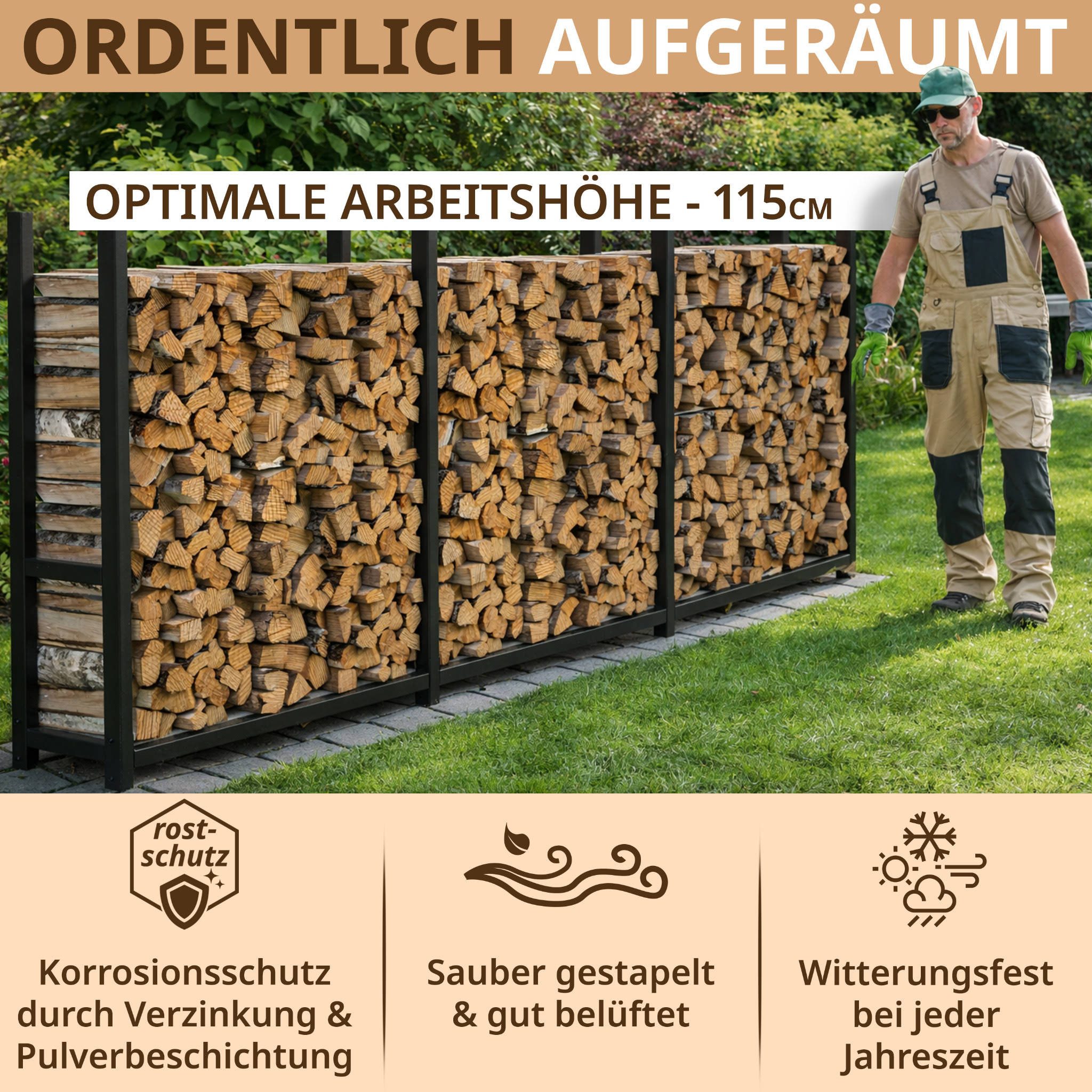 LAWA Living and Lifestyle Kaminholzregal außen Metall 25cm tief Stapelhilfe Brennholz Garten verzinkt schwarz, BxTxH:335.00x25.00x115.00 cm, verzinkt, wetterfest